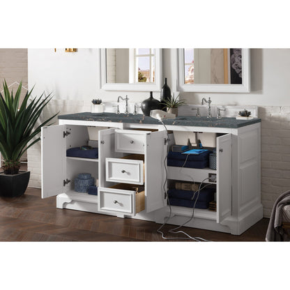 James Martin Vanities De Soto 72" Bright White Double Vanity With 3 cm Parisien Bleu Quartz Top