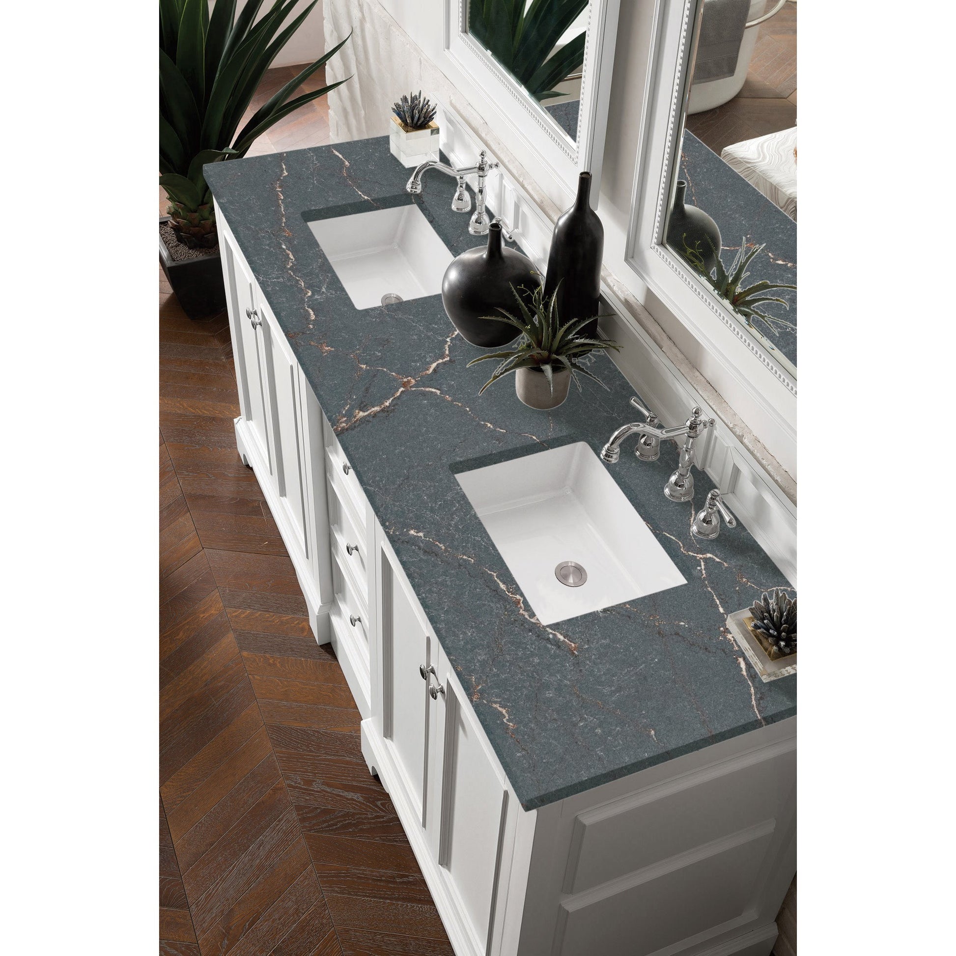 James Martin Vanities De Soto 72" Bright White Double Vanity With 3 cm Parisien Bleu Quartz Top