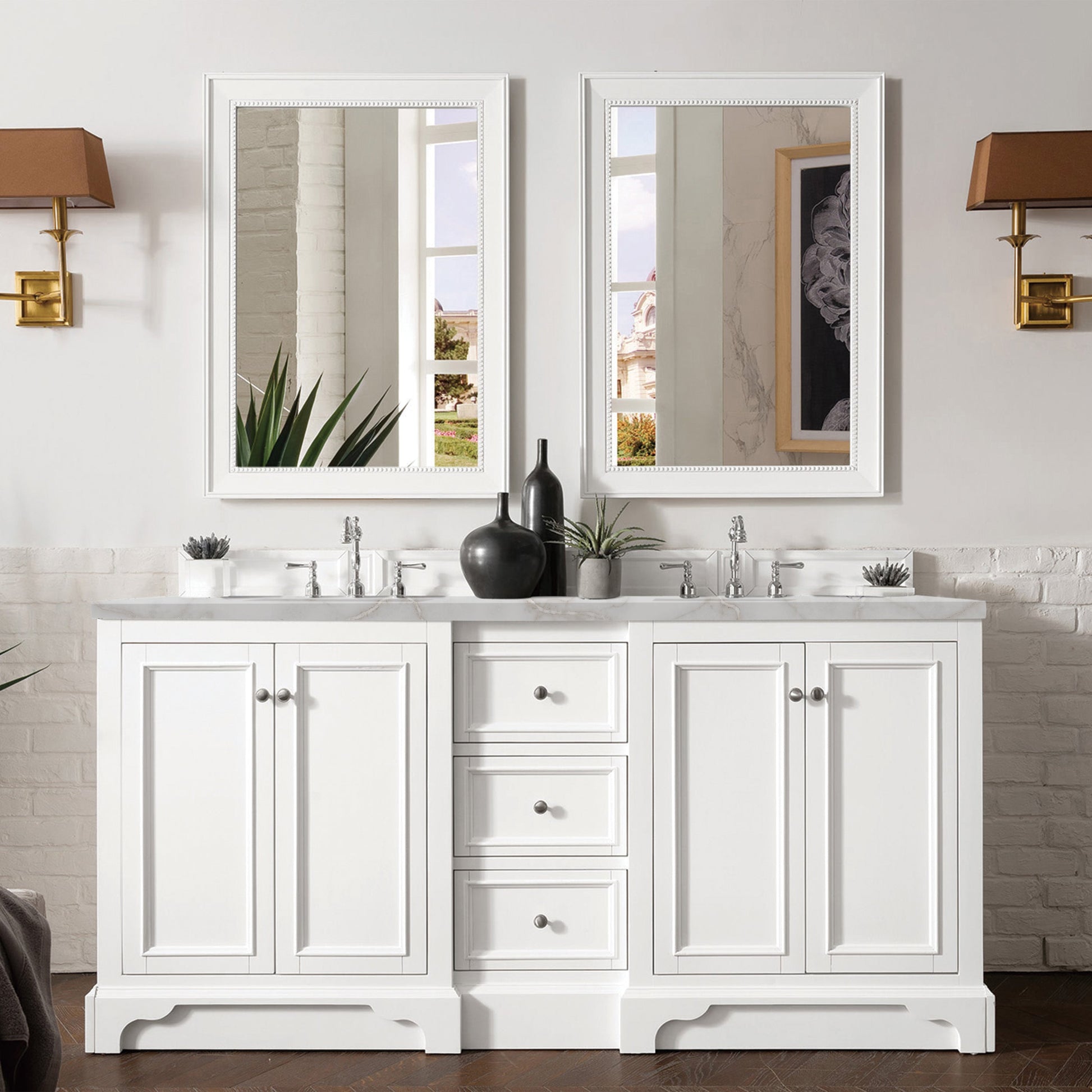 James Martin Vanities De Soto 72" Bright White Double Vanity With 3 cm Victorian Silver Quartz Top