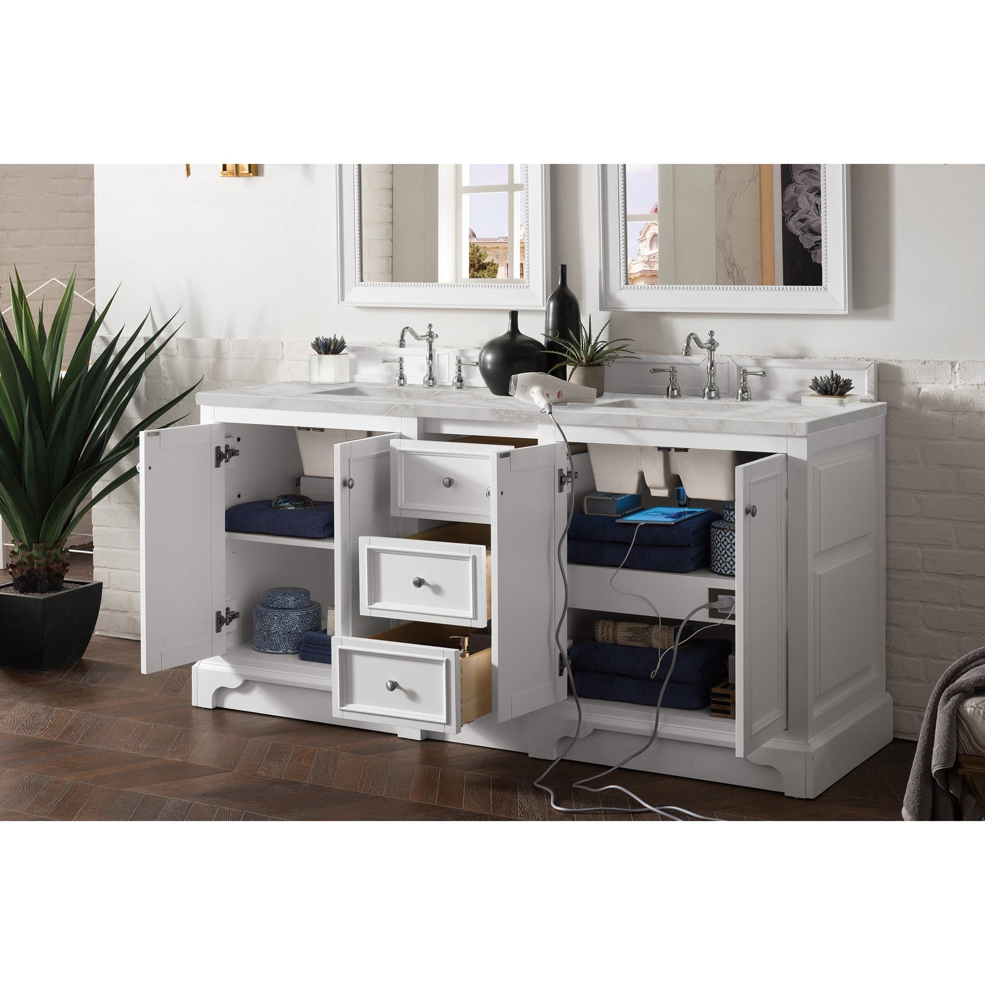 James Martin Vanities De Soto 72" Bright White Double Vanity With 3 cm Victorian Silver Quartz Top