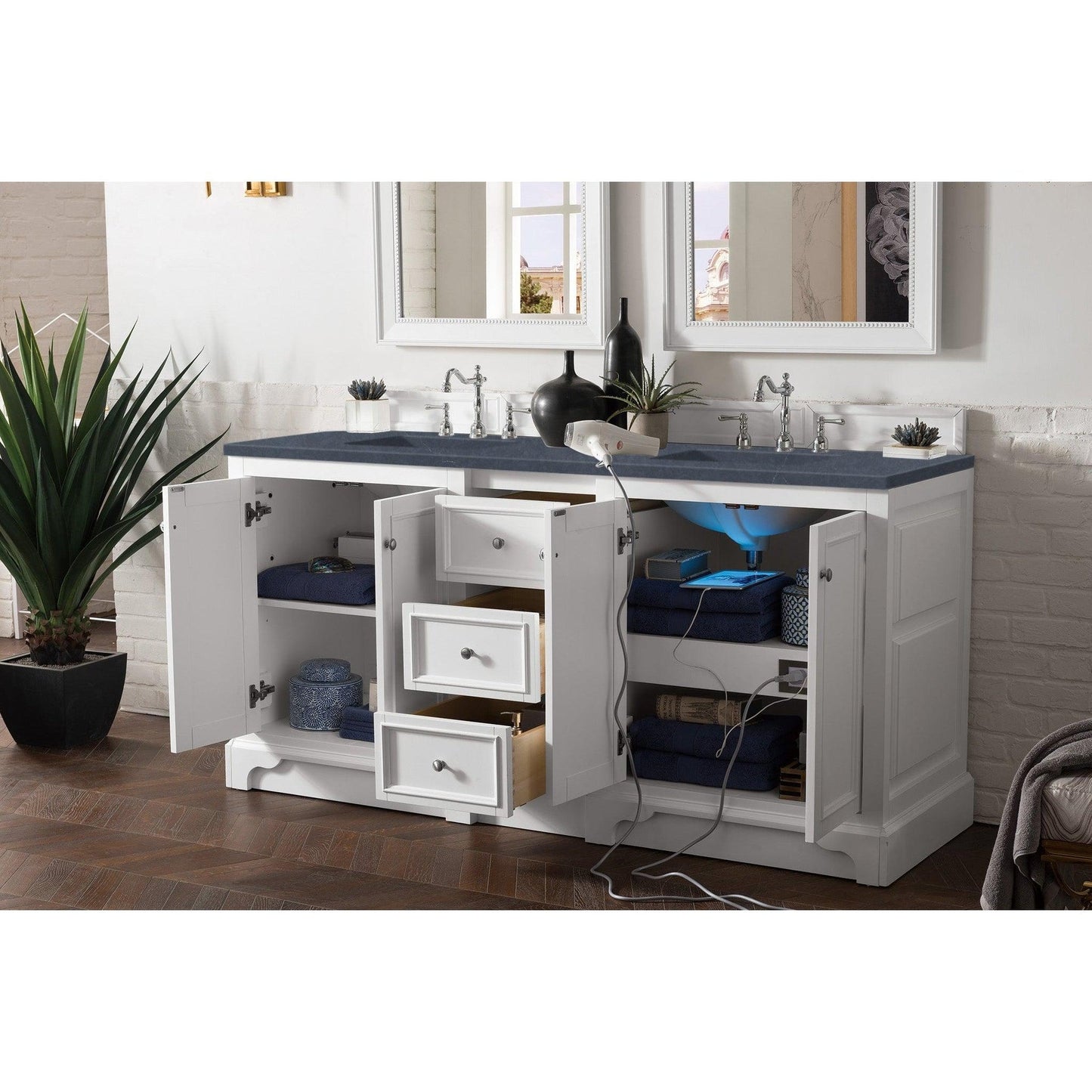 James Martin Vanities De Soto 72" Bright White Double Vanity With 3cm Charcoal Soapstone Quartz Top