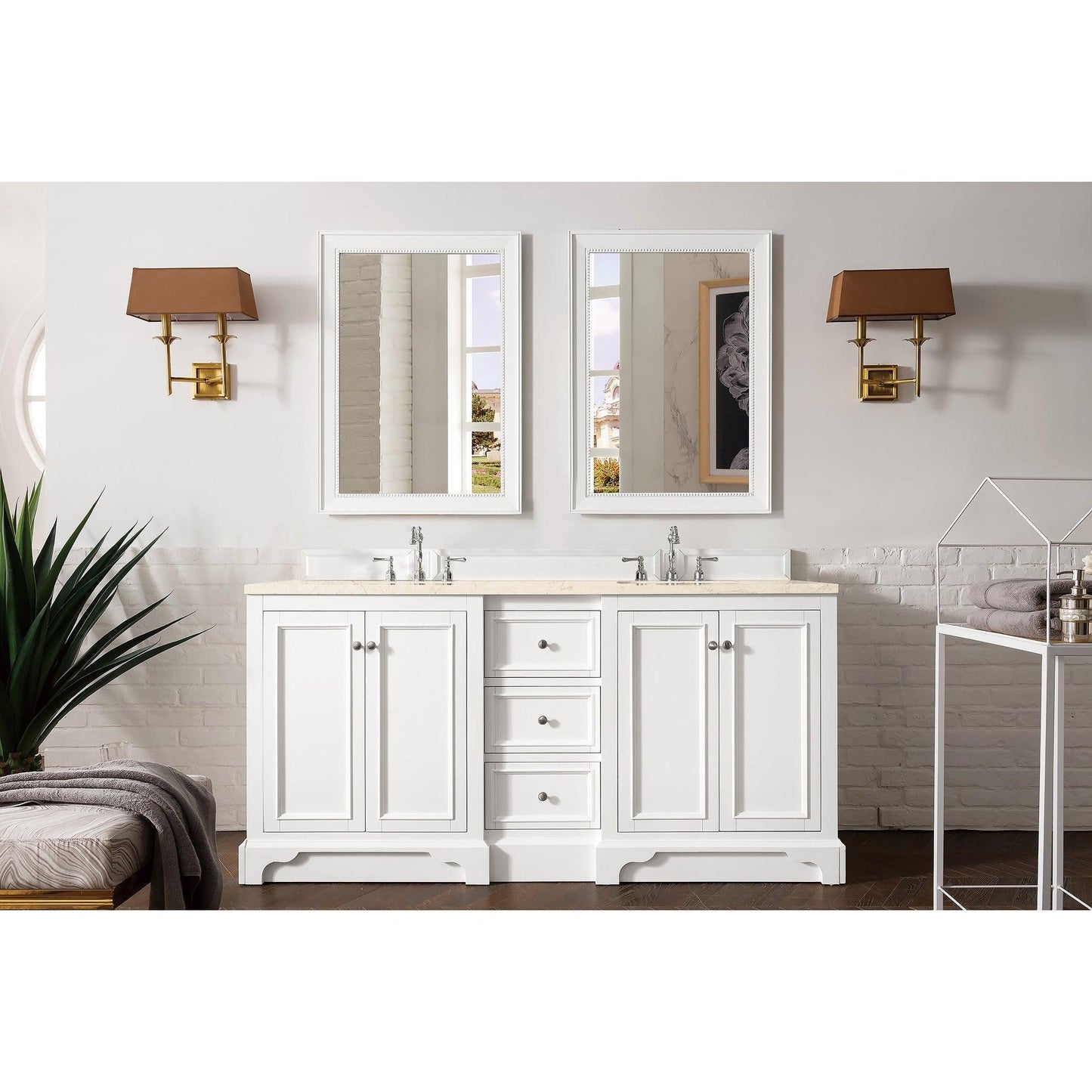 James Martin Vanities De Soto 72" Bright White Double Vanity With 3cm Eternal Marfil Quartz Top