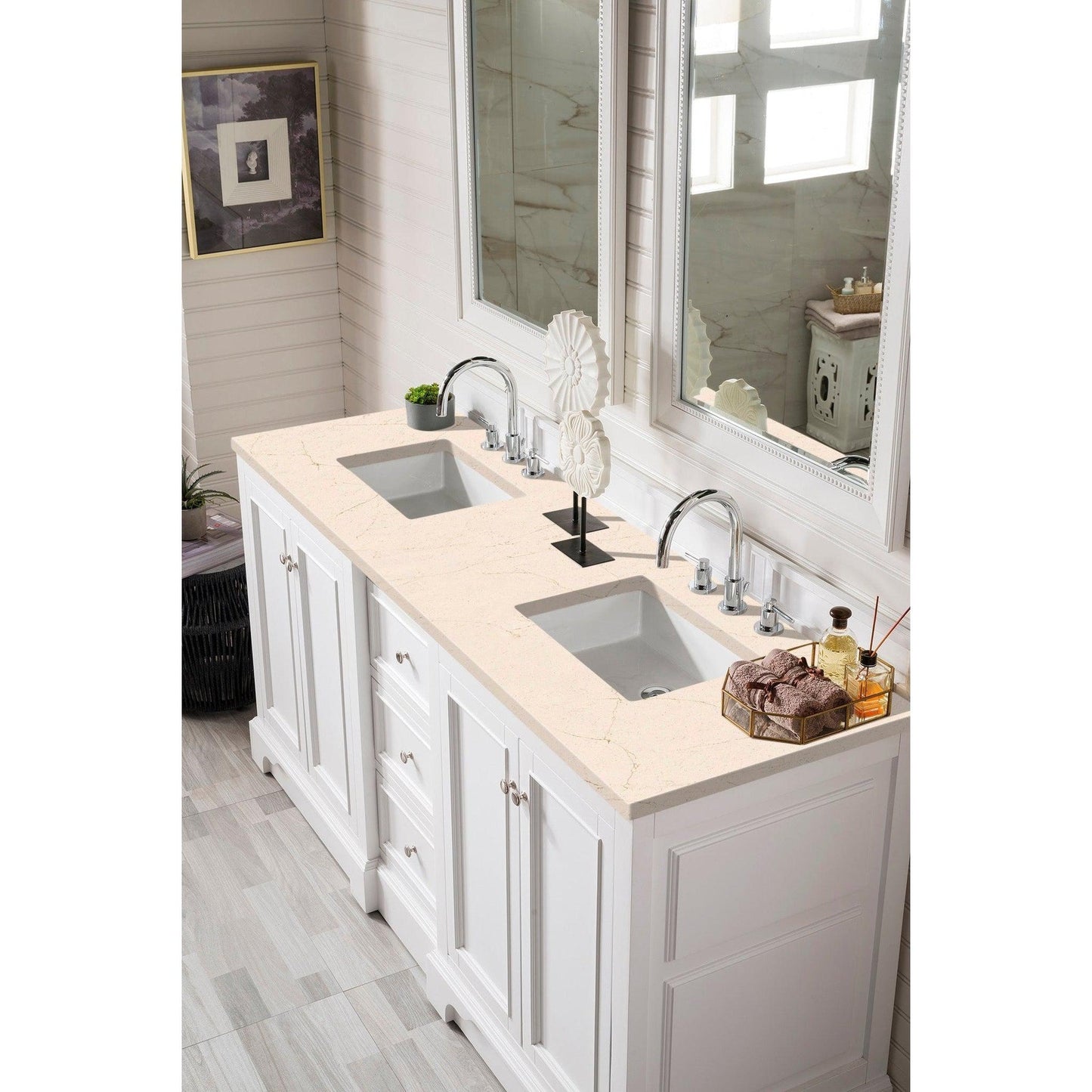 James Martin Vanities De Soto 72" Bright White Double Vanity With 3cm Eternal Marfil Quartz Top