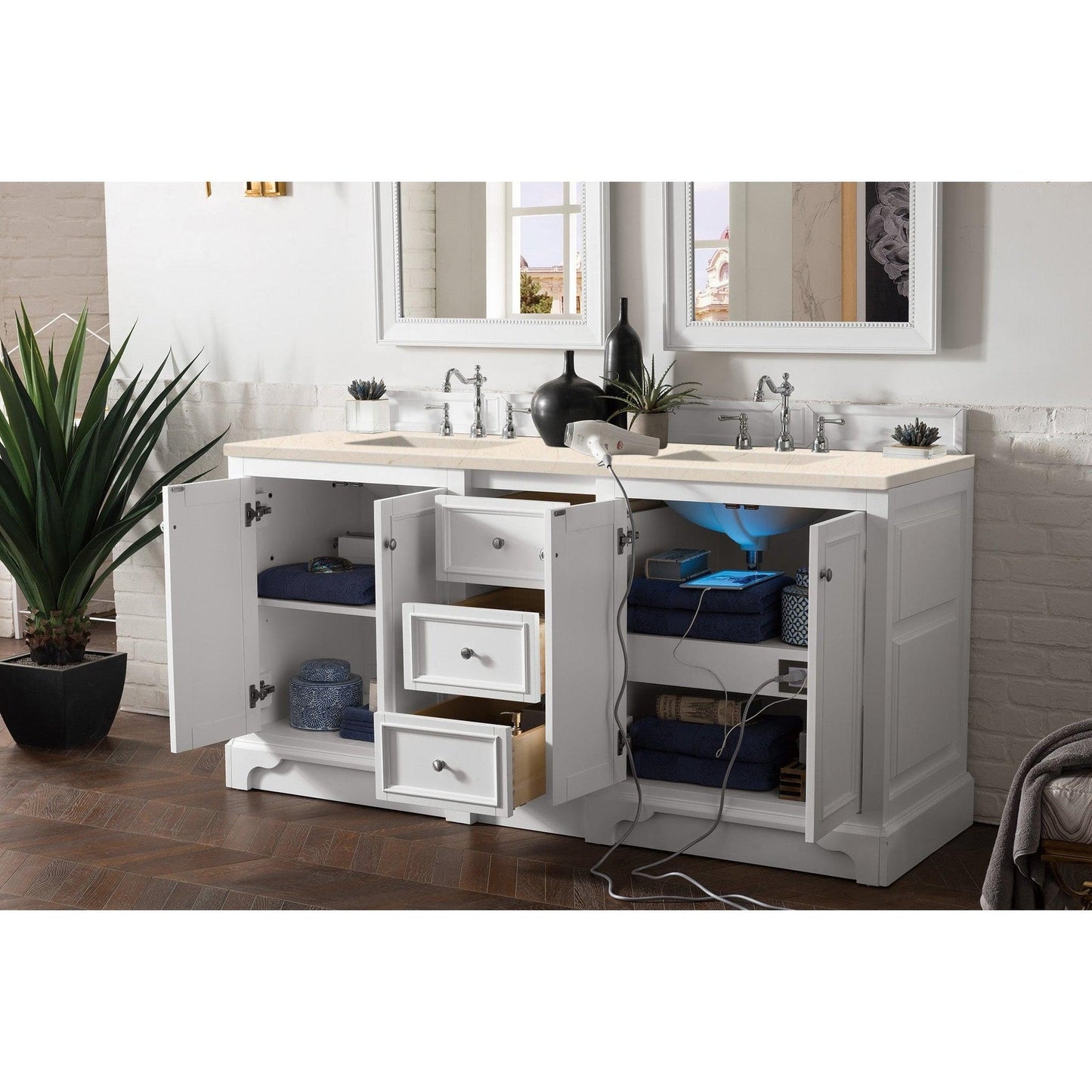 James Martin Vanities De Soto 72" Bright White Double Vanity With 3cm Eternal Marfil Quartz Top