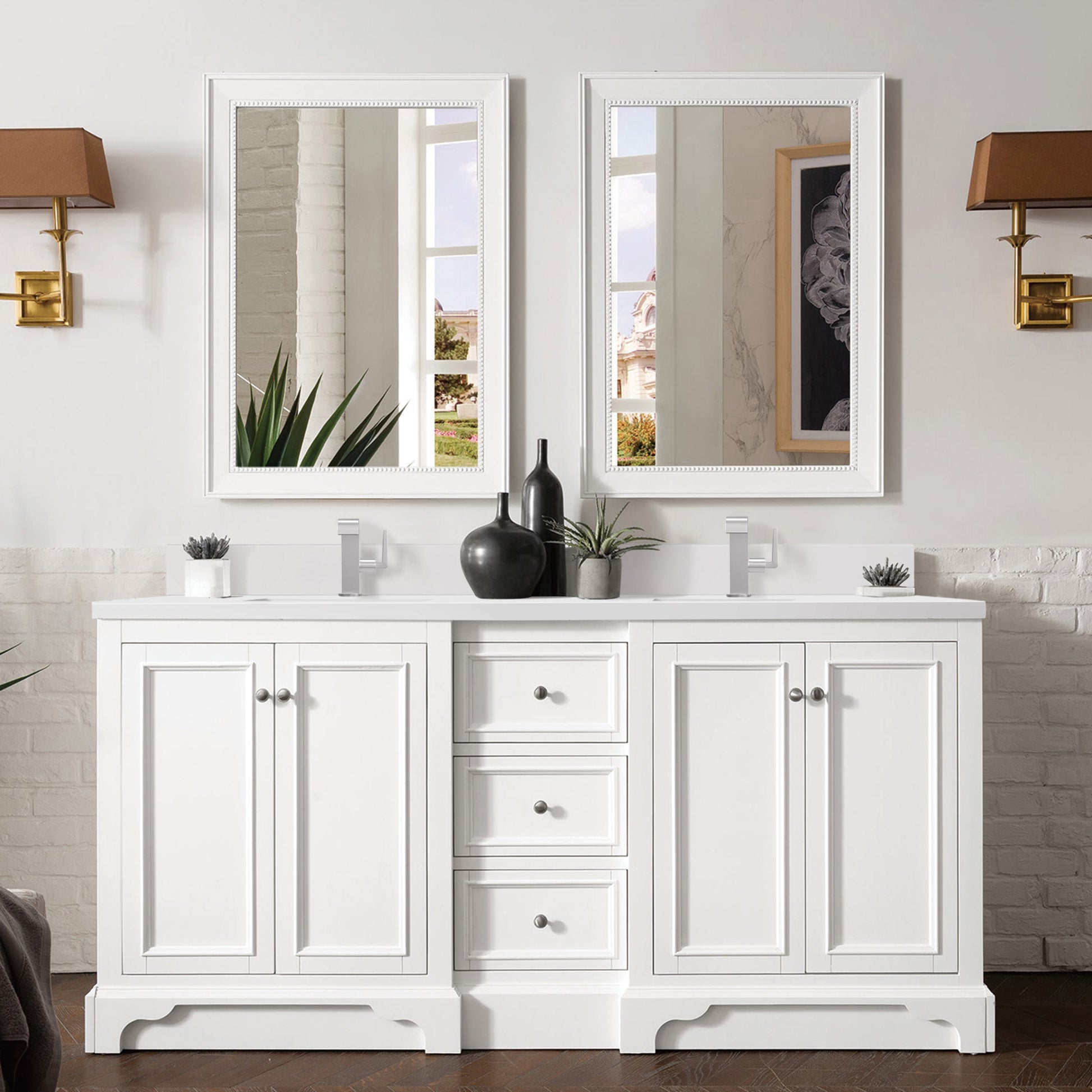 James Martin Vanities De Soto 72" Bright White Double Vanity With Single Hole 3 cm White Zeus Quartz Top & Backsplash