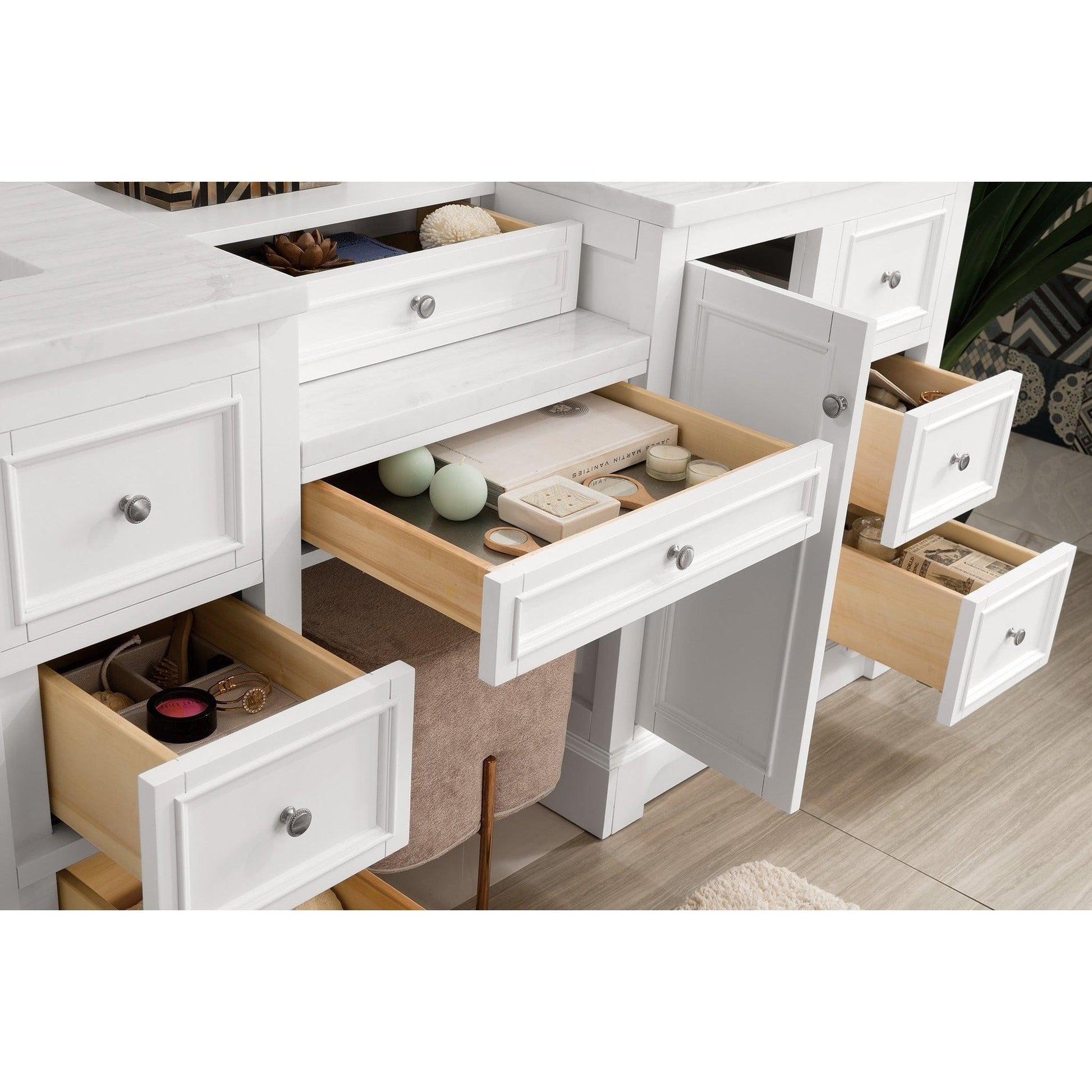 James Martin Vanities De Soto 82" Bright White Double Vanity Set With Makeup Table, 3cm Arctic Fall Solid Surface Top