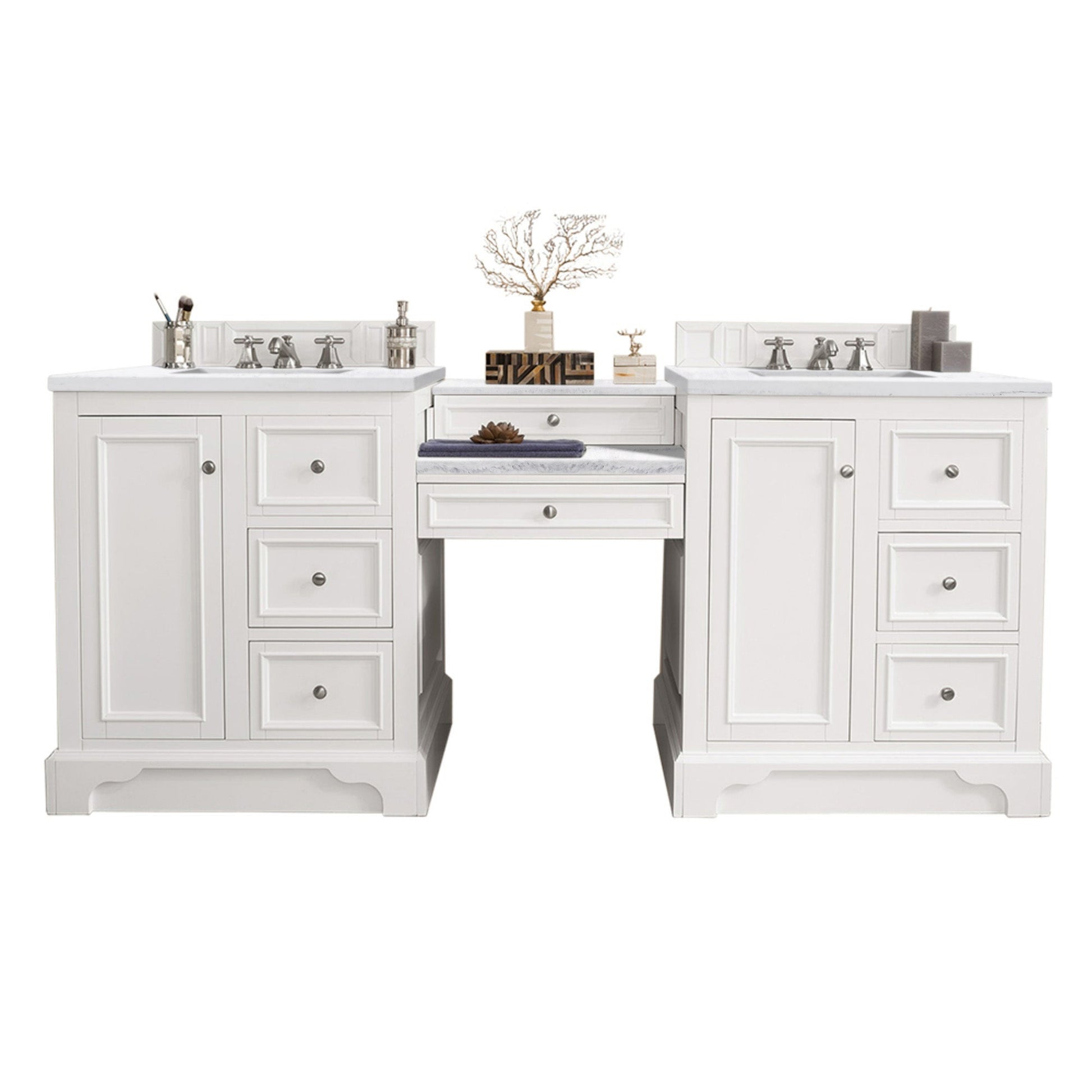 James Martin Vanities De Soto 82" Bright White Double Vanity Set With Makeup Table, 3cm Arctic Fall Solid Surface Top