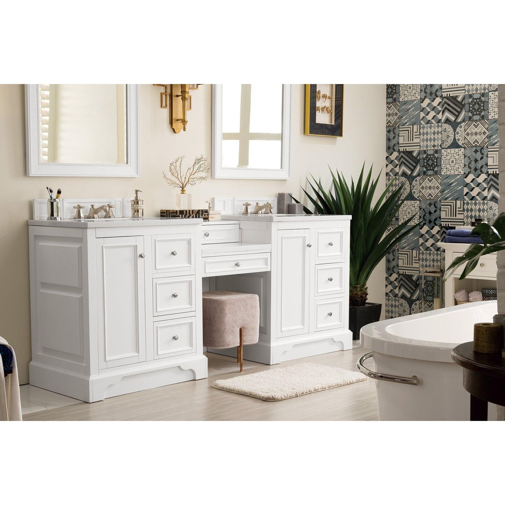 James Martin Vanities De Soto 82" Bright White Double Vanity Set With Makeup Table, 3cm Arctic Fall Solid Surface Top