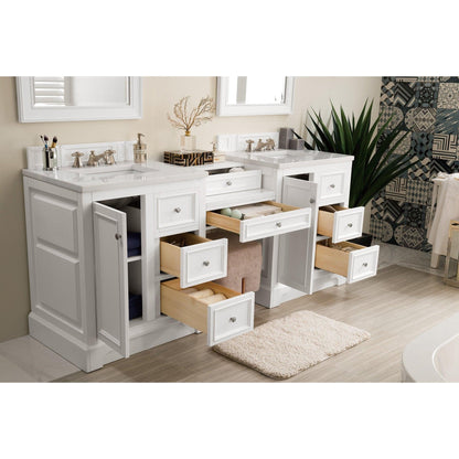 James Martin Vanities De Soto 82" Bright White Double Vanity Set With Makeup Table, 3cm Arctic Fall Solid Surface Top