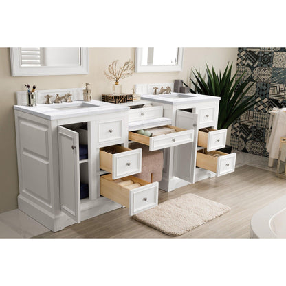 James Martin Vanities De Soto 82" Bright White Double Vanity Set With Makeup Table, 3cm Arctic Fall Solid Surface Top