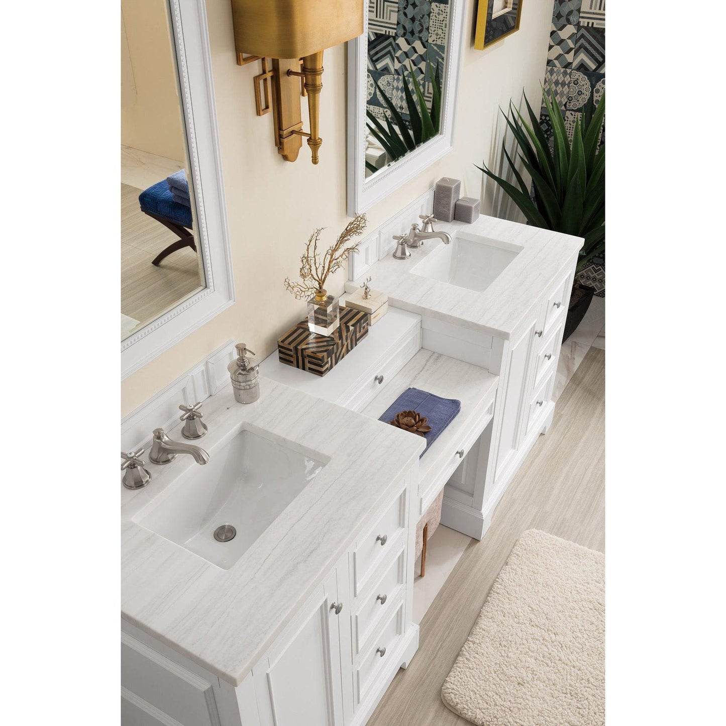 James Martin Vanities De Soto 82" Bright White Double Vanity Set With Makeup Table, 3cm Arctic Fall Solid Surface Top