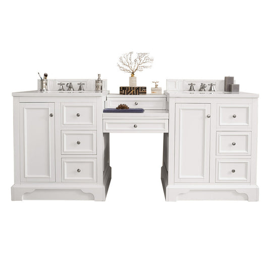 James Martin Vanities De Soto 82" Bright White Double Vanity Set With Makeup Table, 3cm Arctic Fall Solid Surface Top