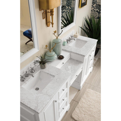 James Martin Vanities De Soto 82" Bright White Double Vanity Set With Makeup Table, 3cm Carrara Marble Top