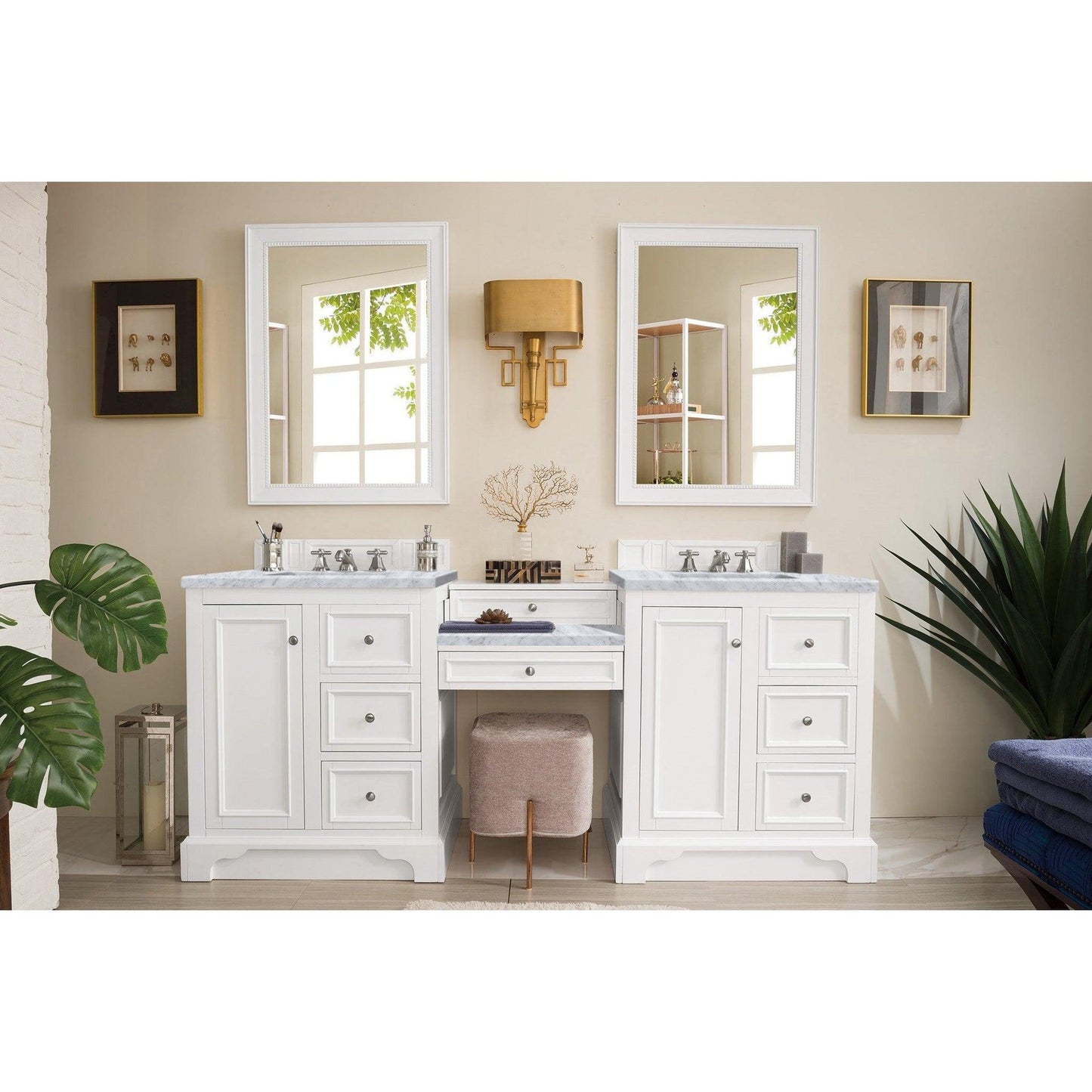 James Martin Vanities De Soto 82" Bright White Double Vanity Set With Makeup Table, 3cm Carrara Marble Top