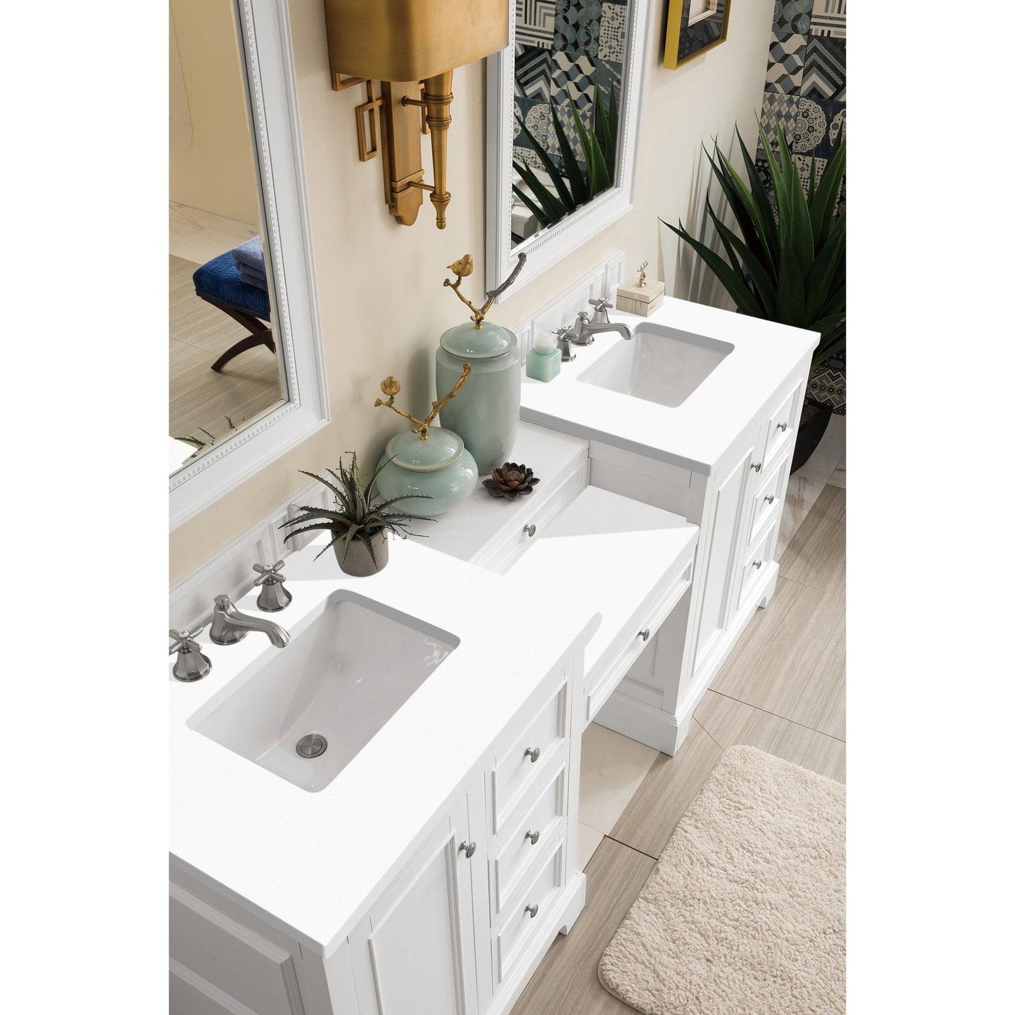 James Martin Vanities De Soto 82" Bright White Double Vanity Set With Makeup Table, 3cm White Zeus Quartz Top