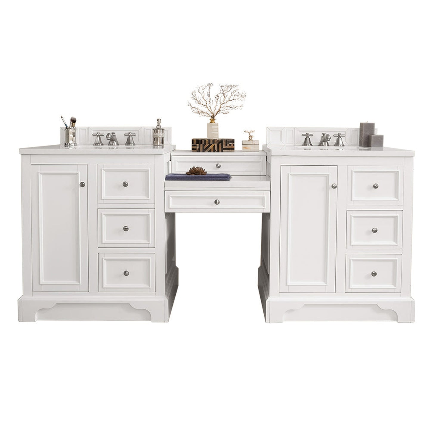 James Martin Vanities De Soto 82" Bright White Double Vanity Set With Makeup Table, 3cm White Zeus Quartz Top