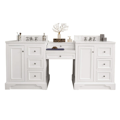 James Martin Vanities De Soto 82" Bright White Double Vanity Set With Makeup Table, 3cm White Zeus Quartz Top