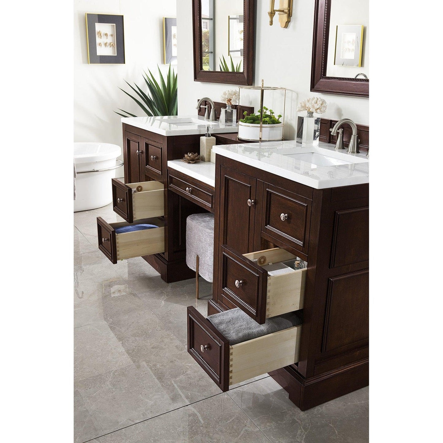 James Martin Vanities De Soto 82" Burnished Mahogany Double Vanity Set With Makeup Table, 3cm Arctic Fall Solid Surface Top