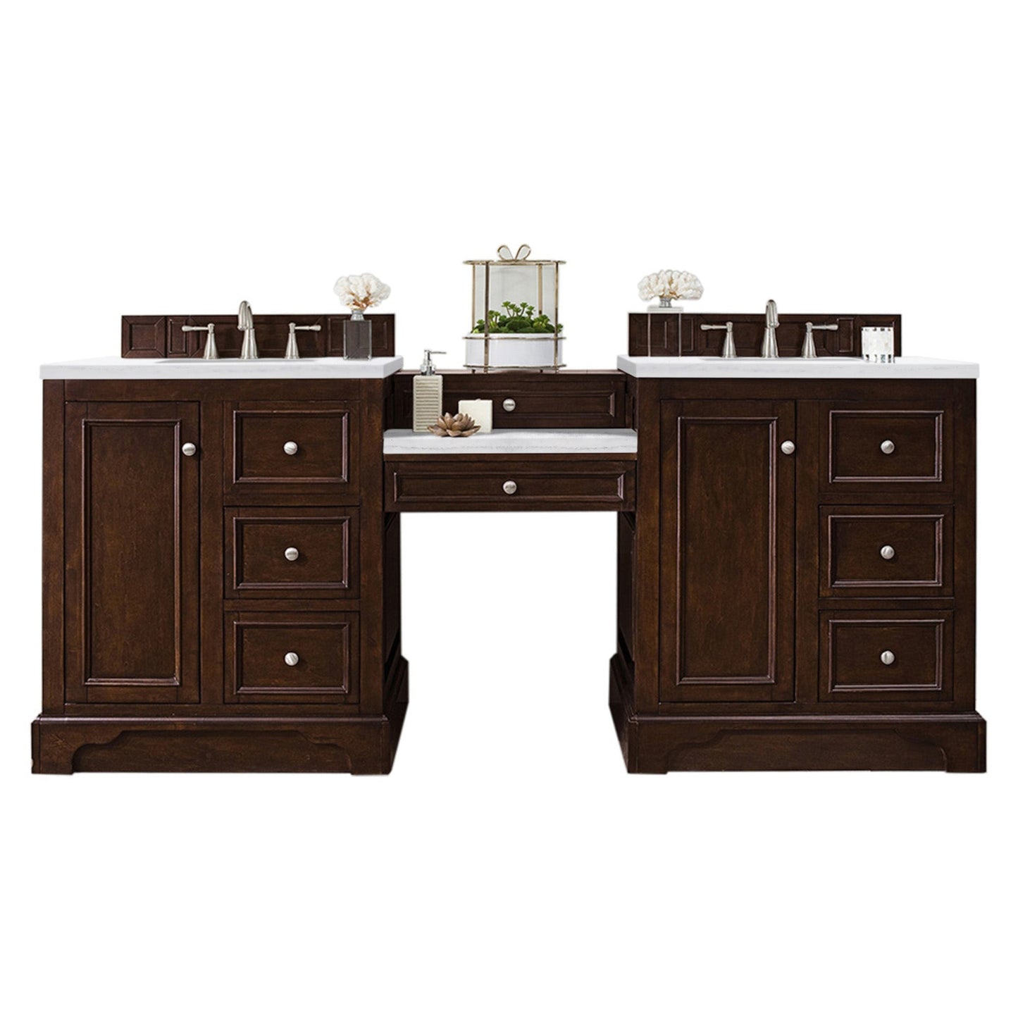 James Martin Vanities De Soto 82" Burnished Mahogany Double Vanity Set With Makeup Table, 3cm Arctic Fall Solid Surface Top