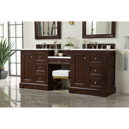 James Martin Vanities De Soto 82" Burnished Mahogany Double Vanity Set With Makeup Table, 3cm Arctic Fall Solid Surface Top