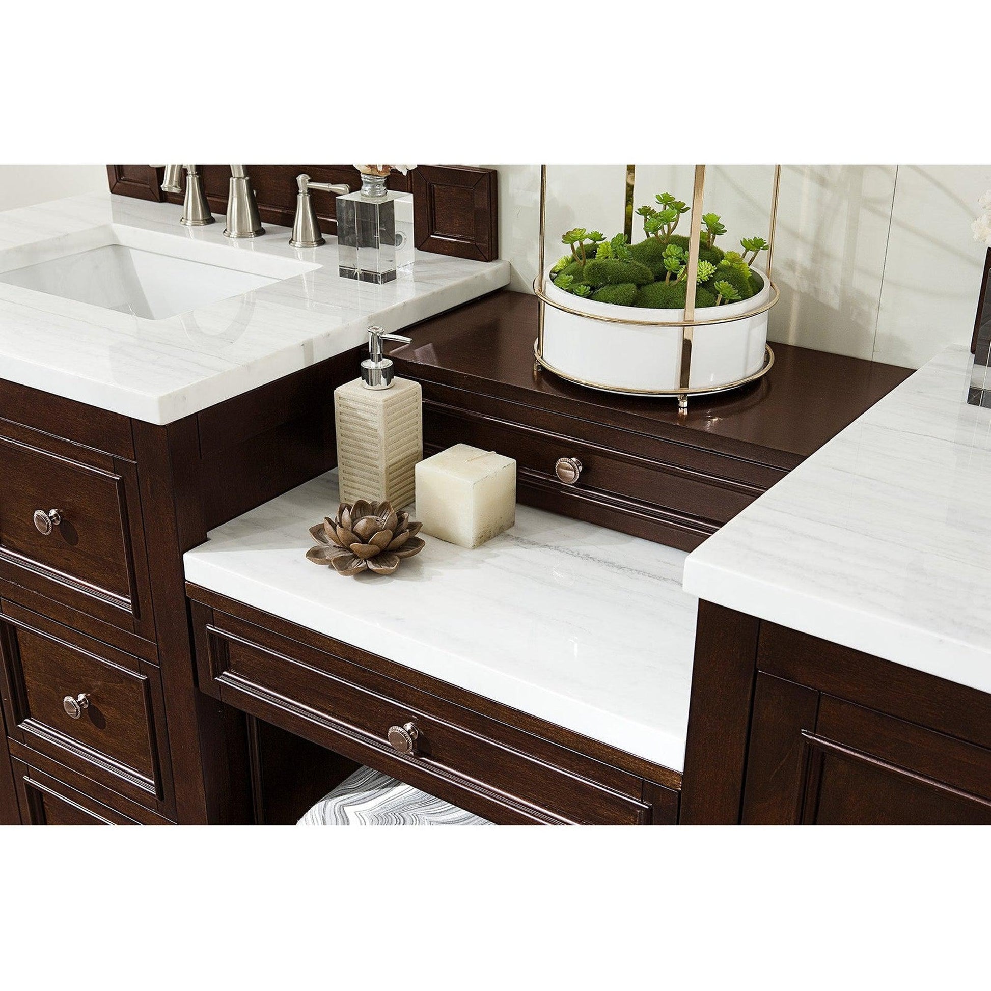 James Martin Vanities De Soto 82" Burnished Mahogany Double Vanity Set With Makeup Table, 3cm Arctic Fall Solid Surface Top