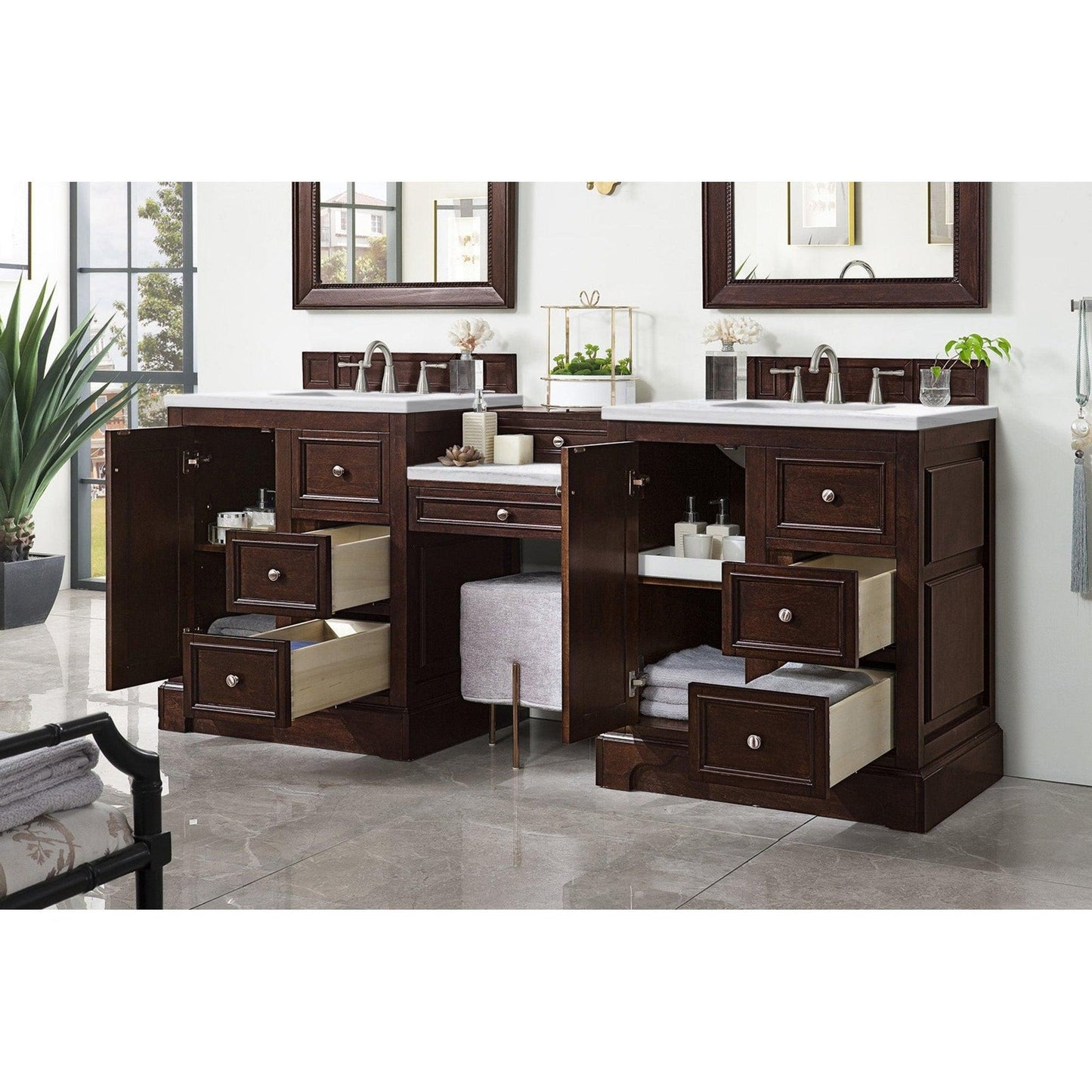 James Martin Vanities De Soto 82" Burnished Mahogany Double Vanity Set With Makeup Table, 3cm Arctic Fall Solid Surface Top