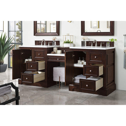 James Martin Vanities De Soto 82" Burnished Mahogany Double Vanity Set With Makeup Table, 3cm Arctic Fall Solid Surface Top