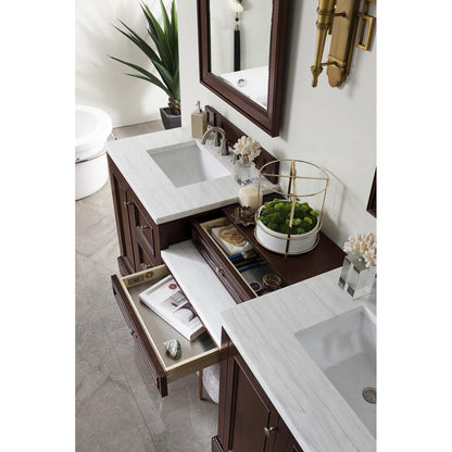 James Martin Vanities De Soto 82" Burnished Mahogany Double Vanity Set With Makeup Table, 3cm Arctic Fall Solid Surface Top