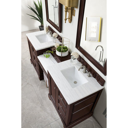 James Martin Vanities De Soto 82" Burnished Mahogany Double Vanity Set With Makeup Table, 3cm Arctic Fall Solid Surface Top