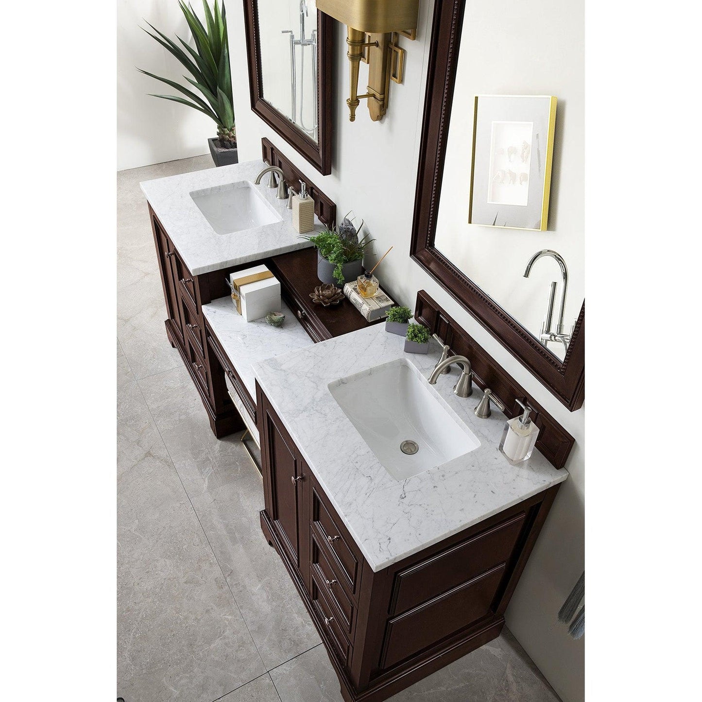 James Martin Vanities De Soto 82" Burnished Mahogany Double Vanity Set With Makeup Table, 3cm Carrara Marble Top