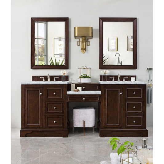 James Martin Vanities De Soto 82" Burnished Mahogany Double Vanity Set With Makeup Table, 3cm Carrara Marble Top