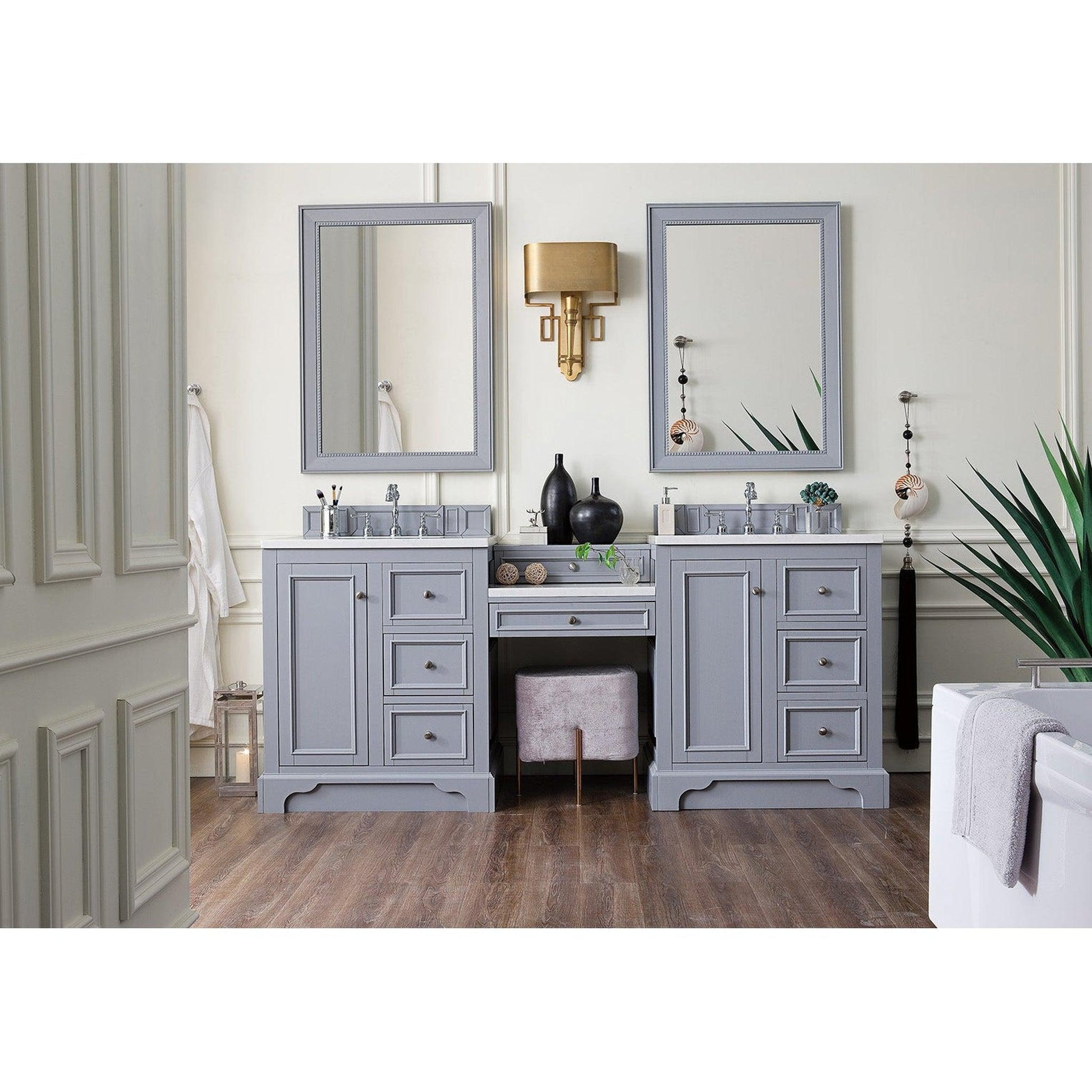 James Martin Vanities De Soto 82" Silver Gray Double Vanity Set With Makeup Table, 3cm Arctic Fall Solid Surface Top