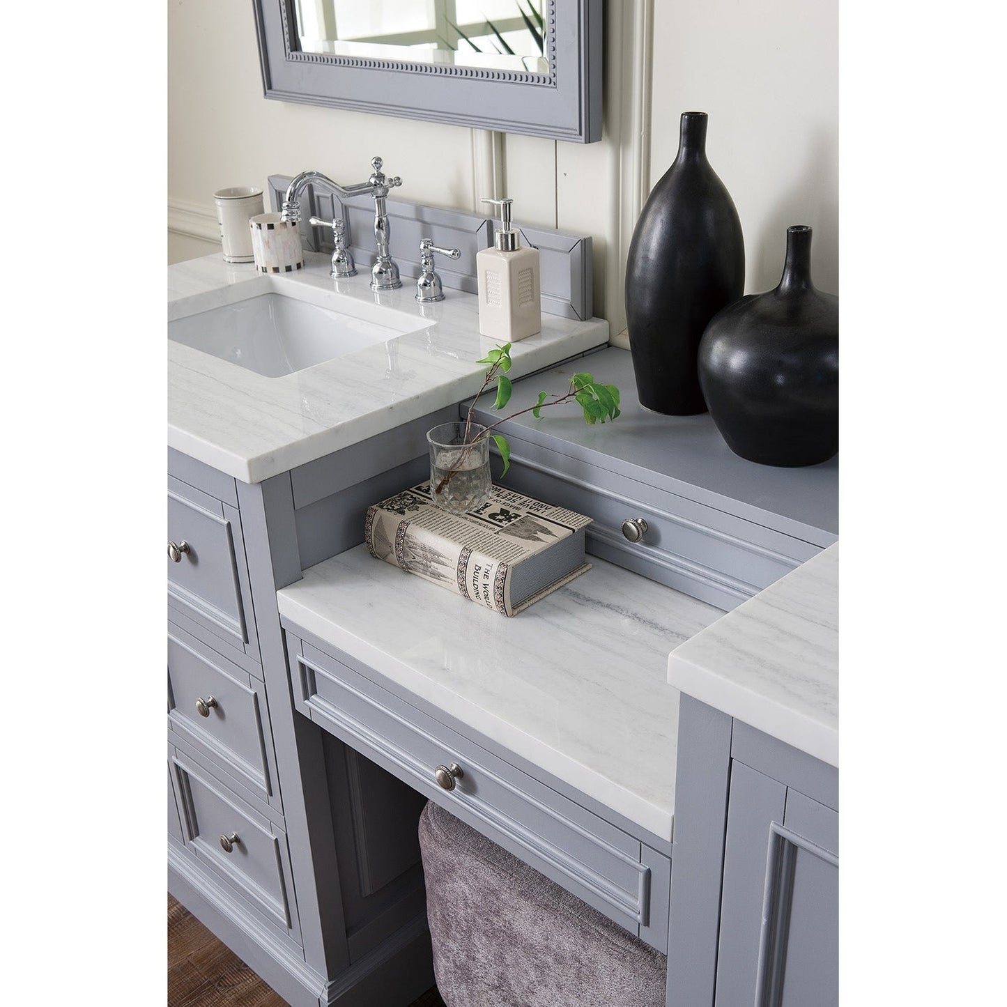 James Martin Vanities De Soto 82" Silver Gray Double Vanity Set With Makeup Table, 3cm Arctic Fall Solid Surface Top