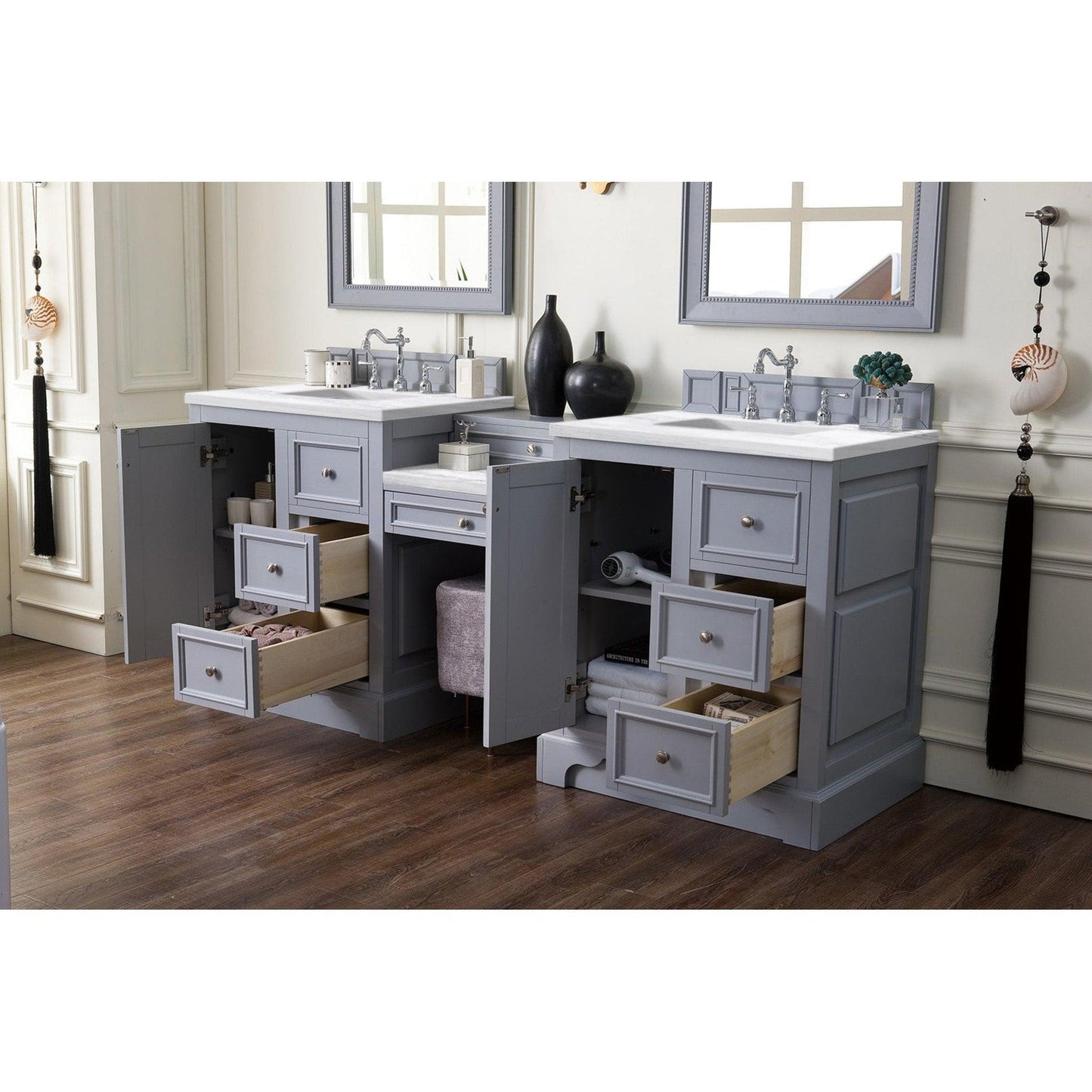 James Martin Vanities De Soto 82" Silver Gray Double Vanity Set With Makeup Table, 3cm Arctic Fall Solid Surface Top