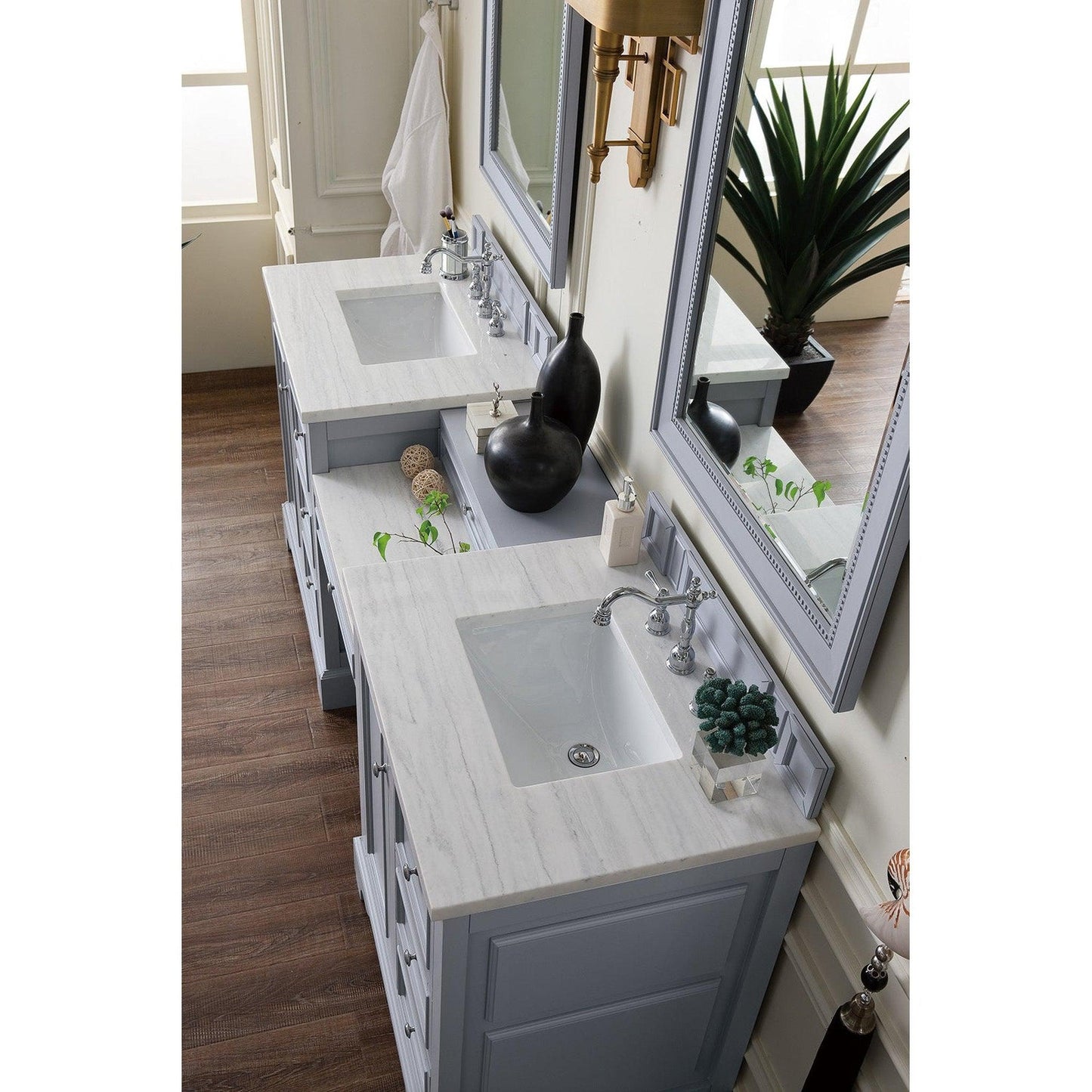 James Martin Vanities De Soto 82" Silver Gray Double Vanity Set With Makeup Table, 3cm Arctic Fall Solid Surface Top