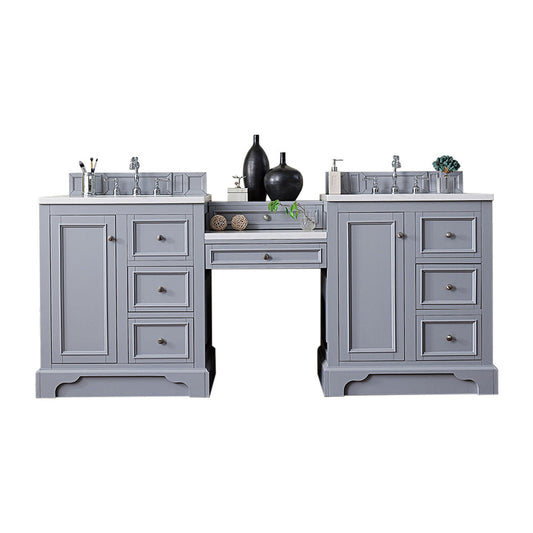 James Martin Vanities De Soto 82" Silver Gray Double Vanity Set With Makeup Table, 3cm Arctic Fall Solid Surface Top