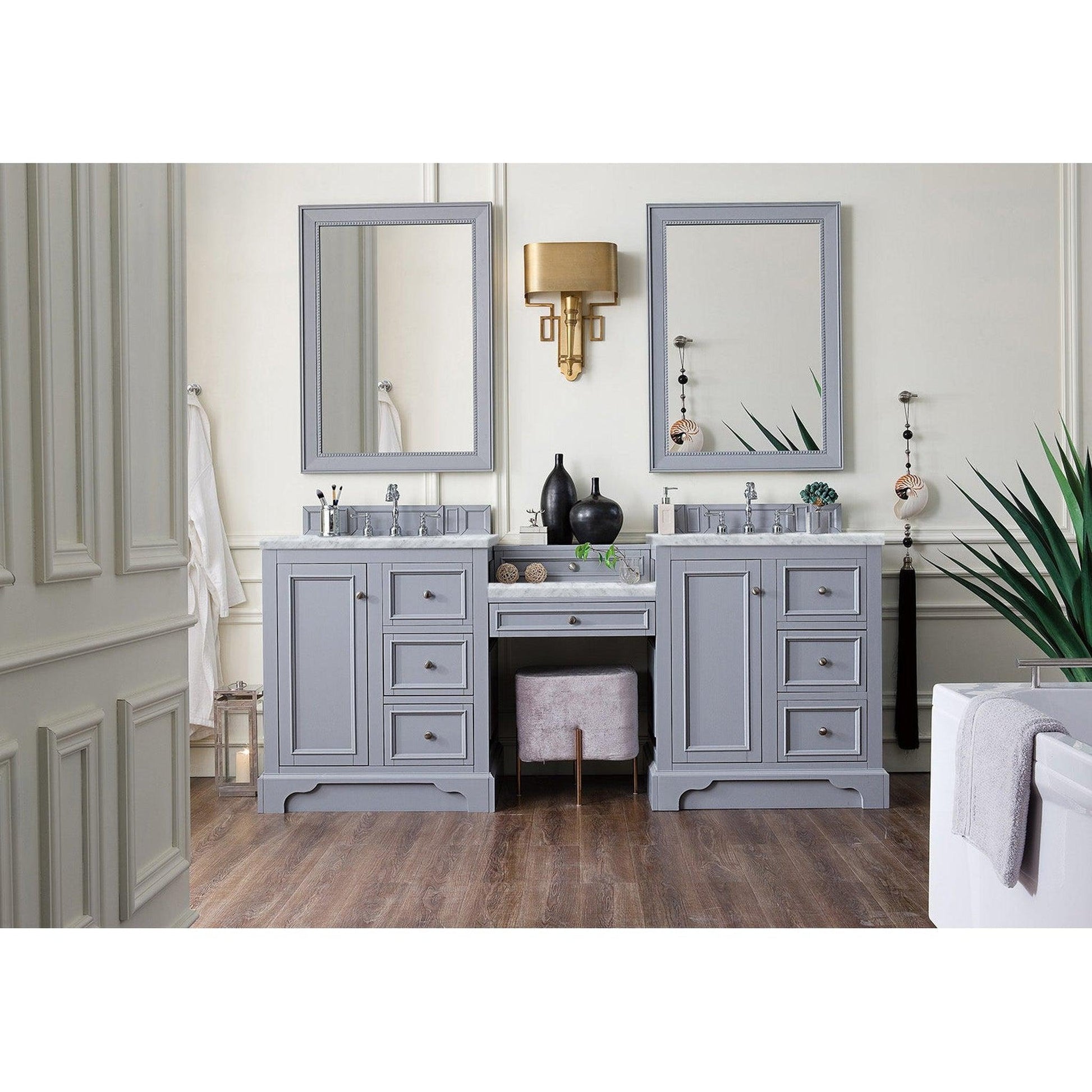 James Martin Vanities De Soto 82" Silver Gray Double Vanity Set With Makeup Table, 3cm Carrara Marble Top