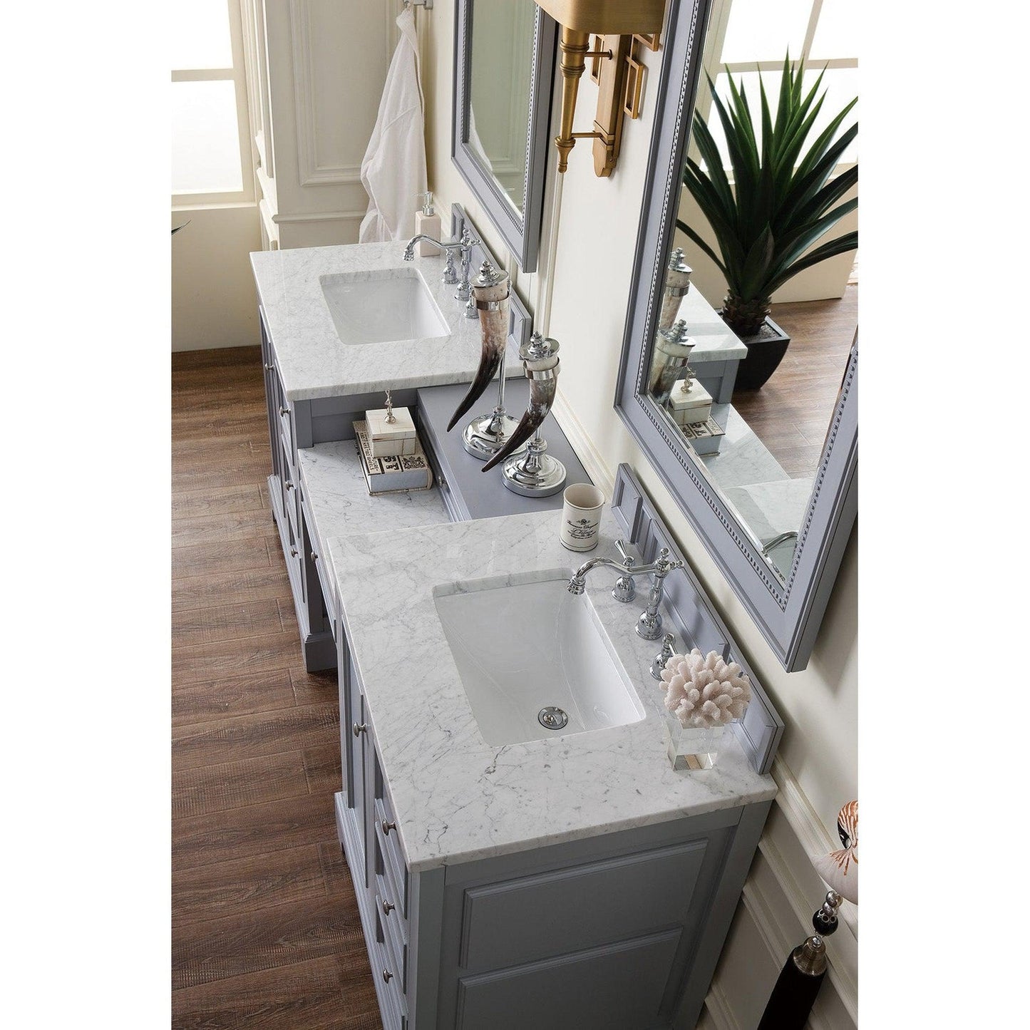 James Martin Vanities De Soto 82" Silver Gray Double Vanity Set With Makeup Table, 3cm Carrara Marble Top