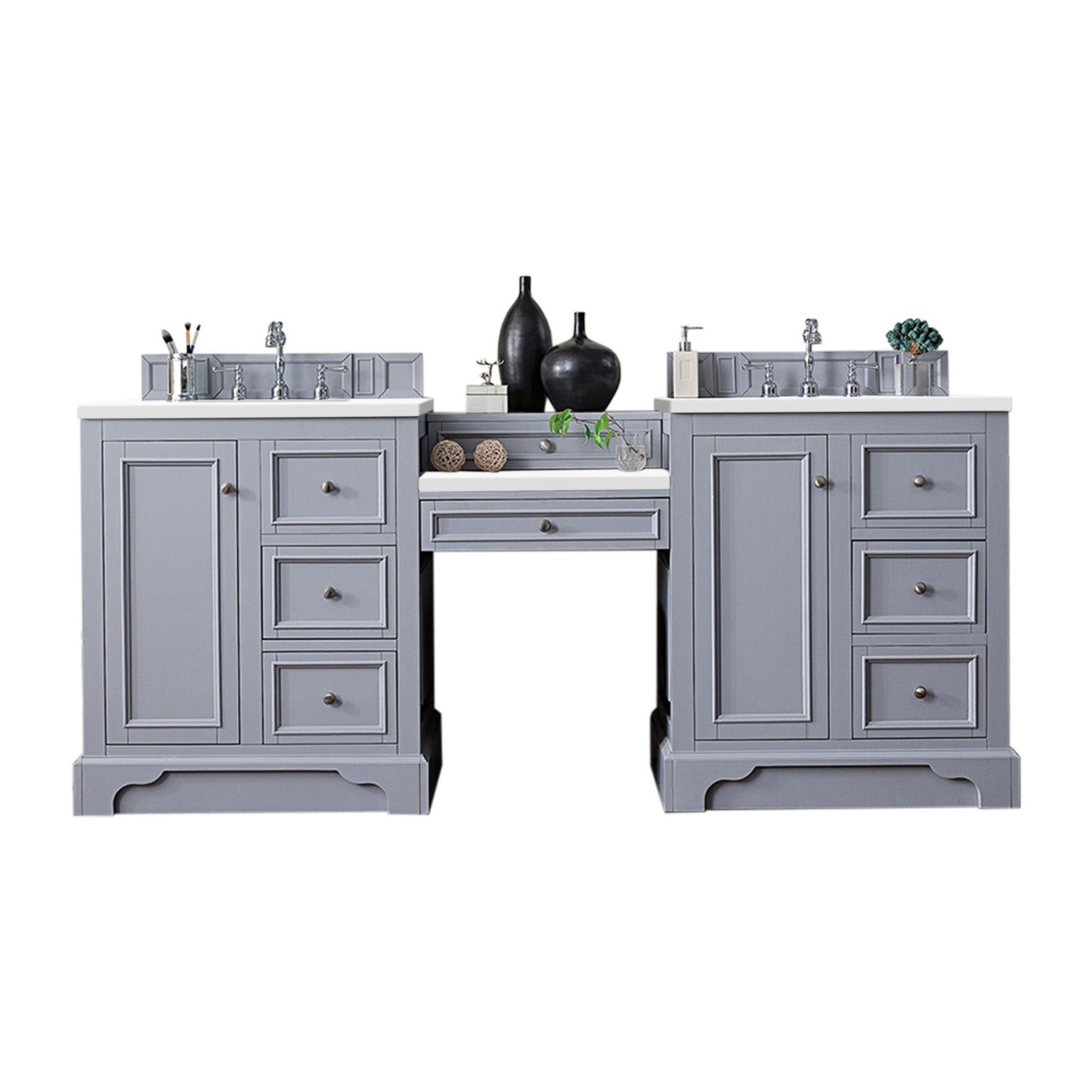 James Martin Vanities De Soto 82" Silver Gray Double Vanity Set With Makeup Table, 3cm White Zeus Quartz Top