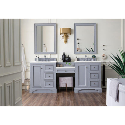 James Martin Vanities De Soto 82" Silver Gray Double Vanity Set With Makeup Table, 3cm White Zeus Quartz Top