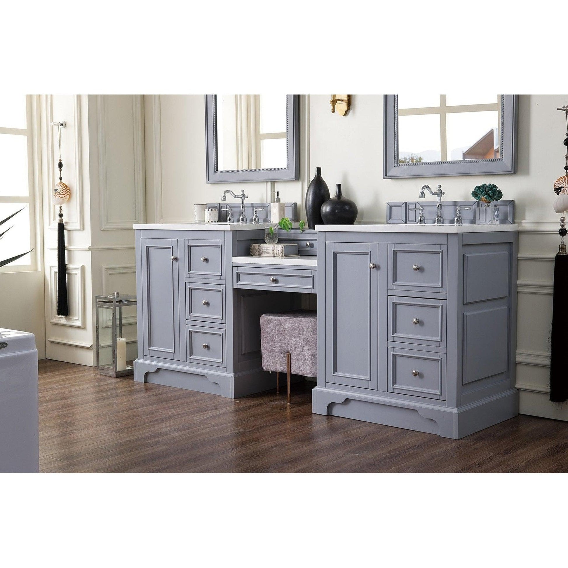 James Martin Vanities De Soto 82" Silver Gray Double Vanity Set With Makeup Table, 3cm White Zeus Quartz Top