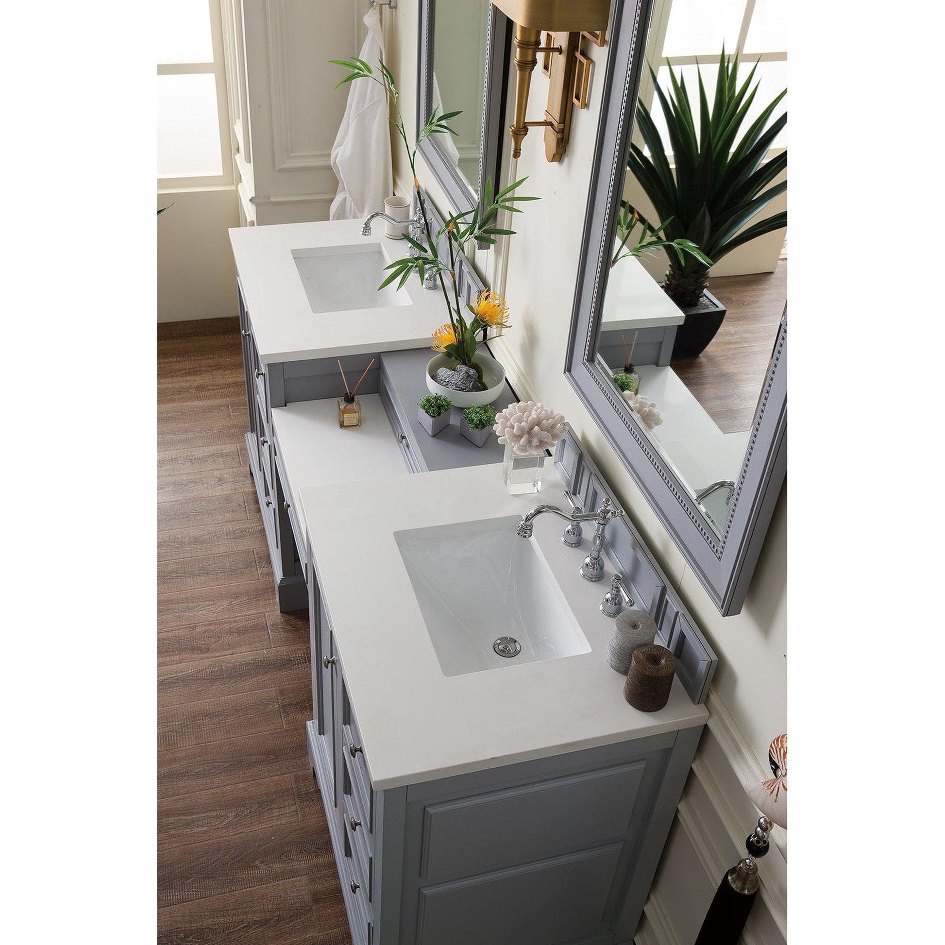 James Martin Vanities De Soto 82" Silver Gray Double Vanity Set With Makeup Table, 3cm White Zeus Quartz Top