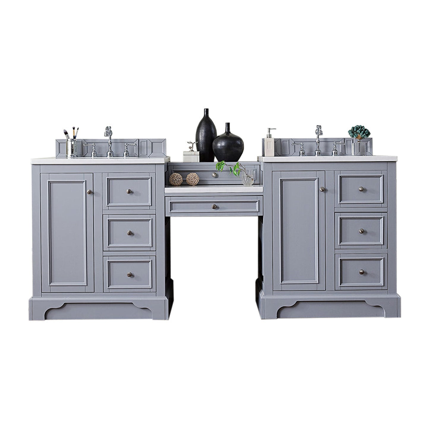 James Martin Vanities De Soto 82" Silver Gray Double Vanity Set With Makeup Table, 3cm White Zeus Quartz Top