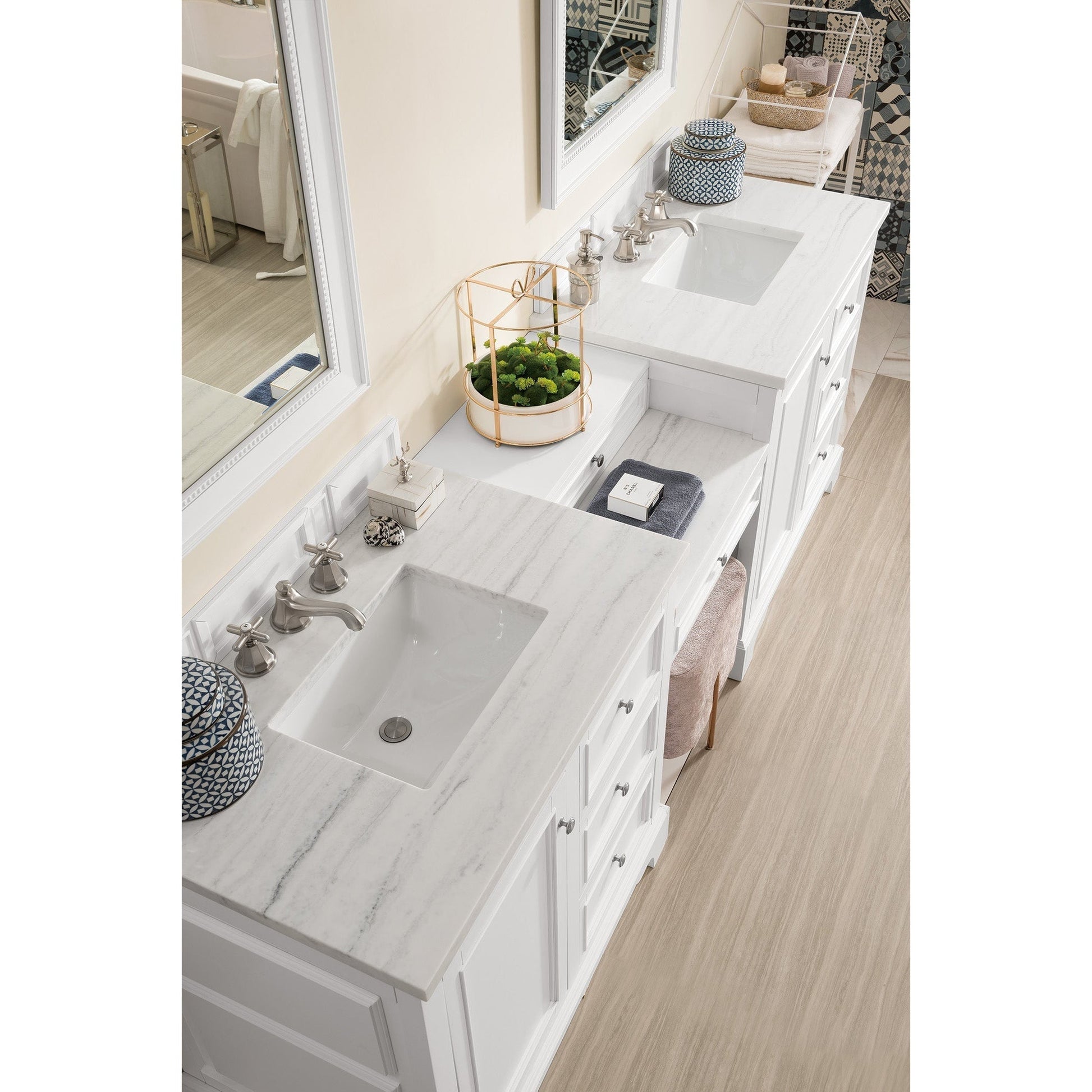 James Martin Vanities De Soto 94" Bright White Double Vanity Set With Makeup Table, 3cm Arctic Fall Solid Surface Top