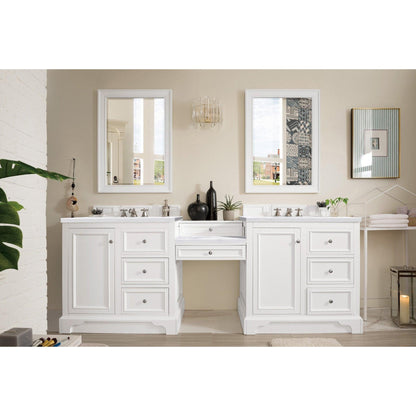 James Martin Vanities De Soto 94" Bright White Double Vanity Set With Makeup Table, 3cm Arctic Fall Solid Surface Top