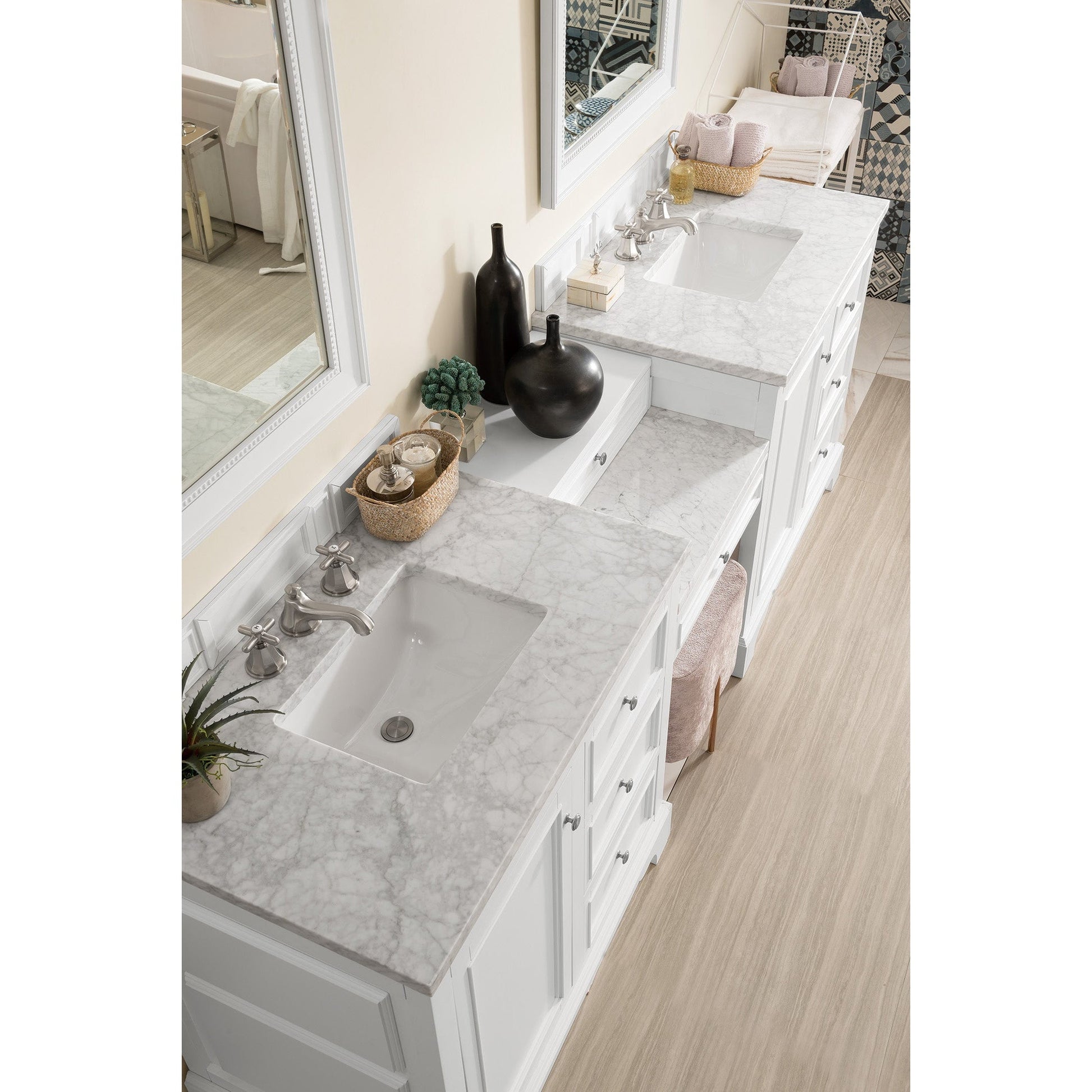 James Martin Vanities De Soto 94" Bright White Double Vanity Set With Makeup Table, 3cm Carrara Marble Top