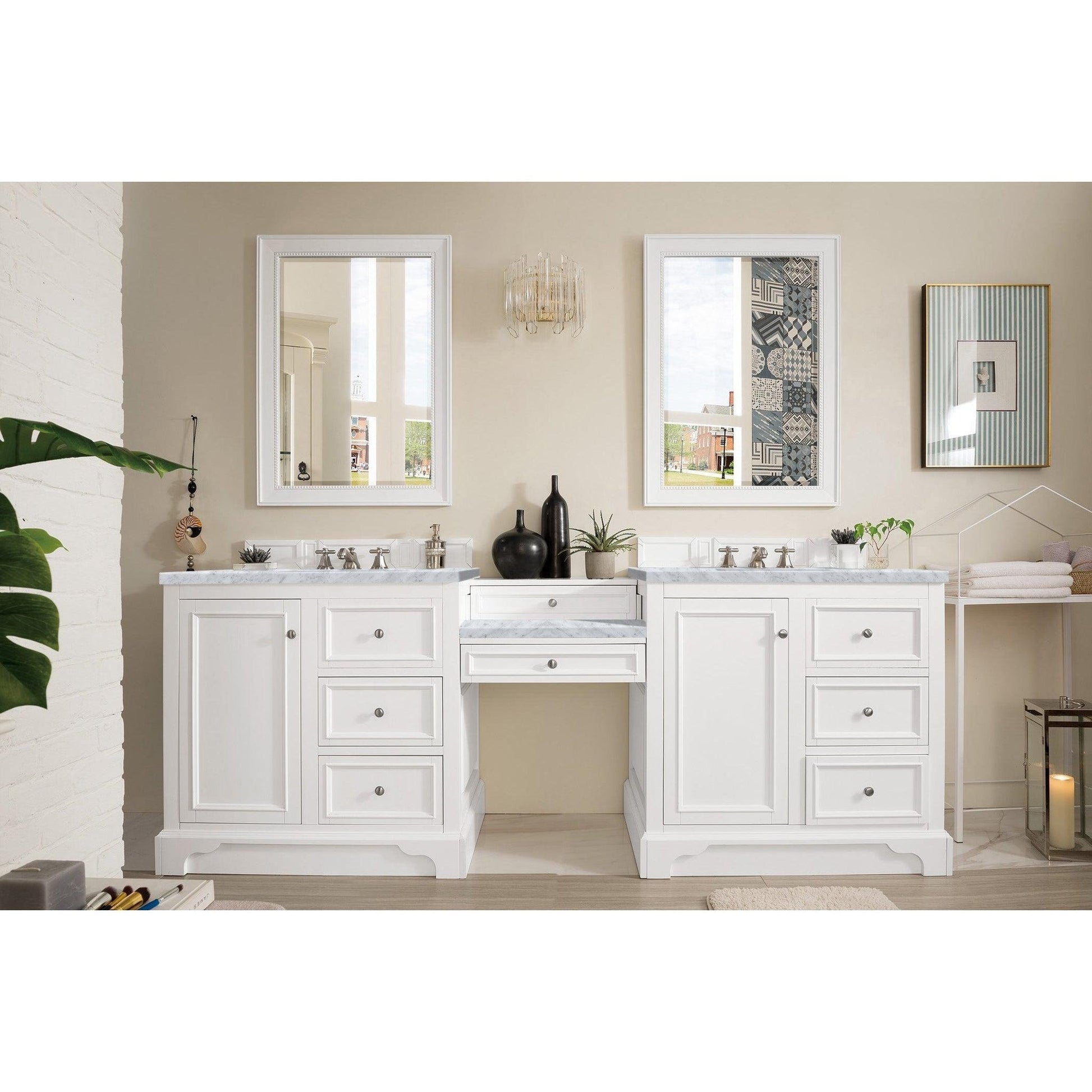 James Martin Vanities De Soto 94" Bright White Double Vanity Set With Makeup Table, 3cm Carrara Marble Top