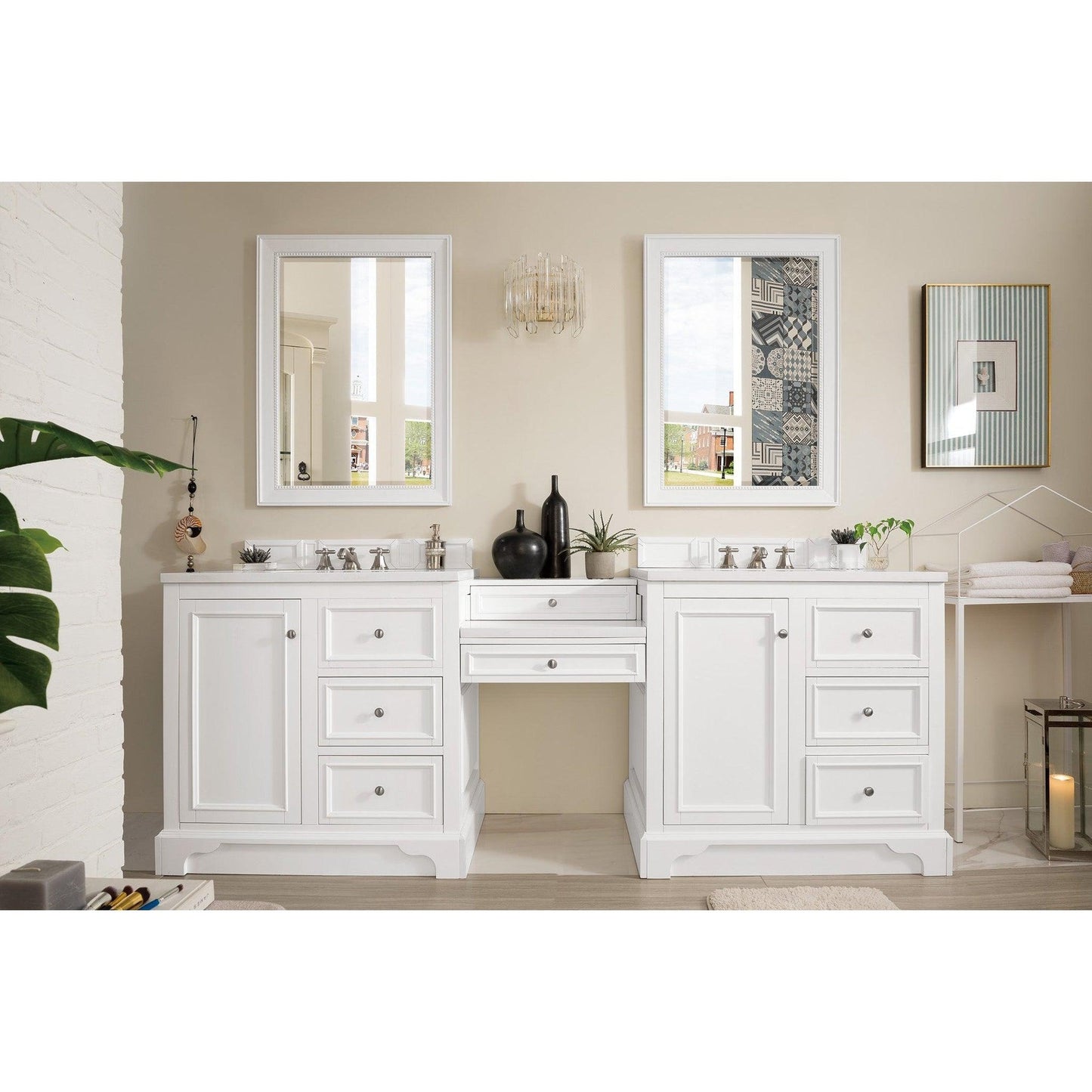 James Martin Vanities De Soto 94" Bright White Double Vanity Set With Makeup Table, 3cm White Zeus Quartz Top