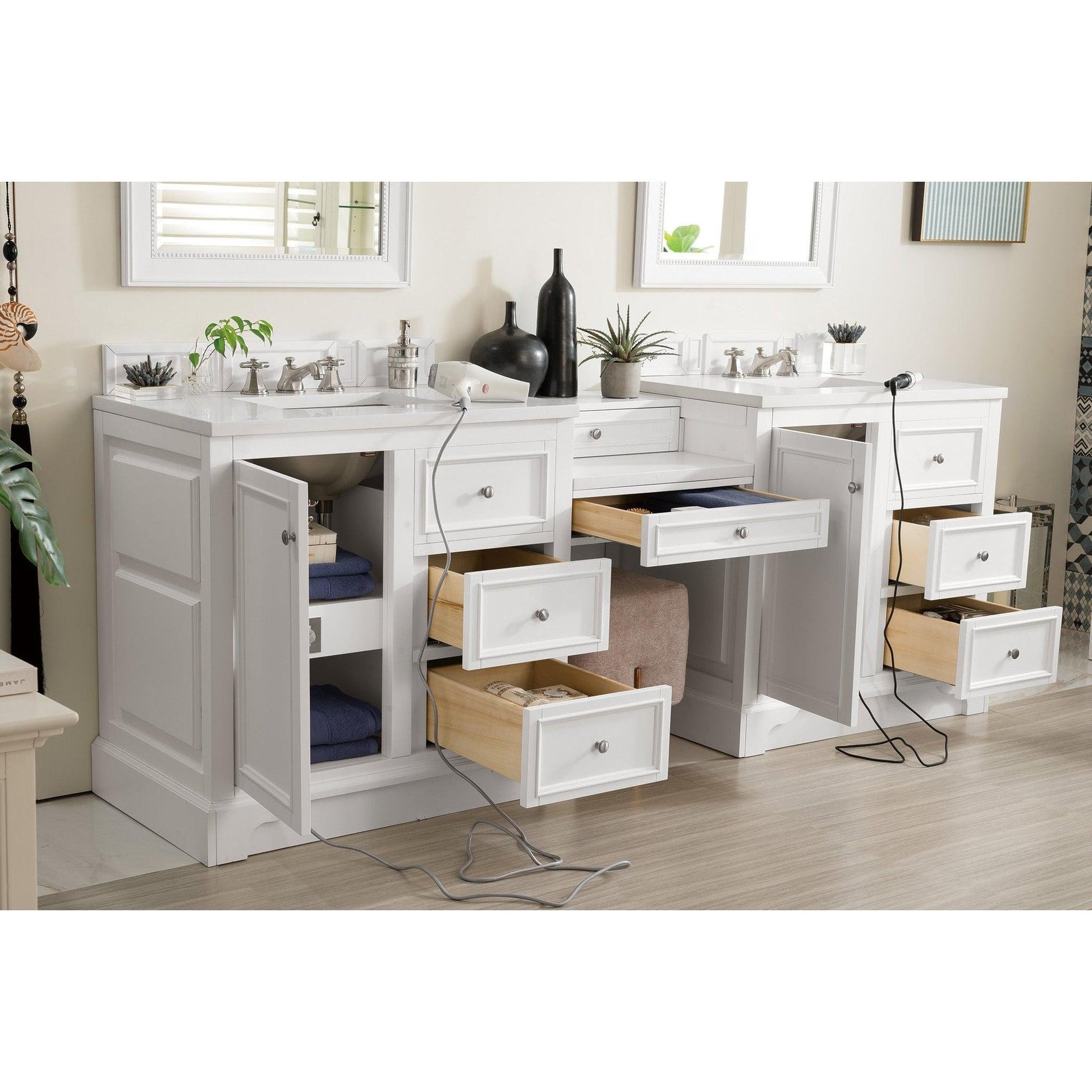 James Martin Vanities De Soto 94" Bright White Double Vanity Set With Makeup Table, 3cm White Zeus Quartz Top