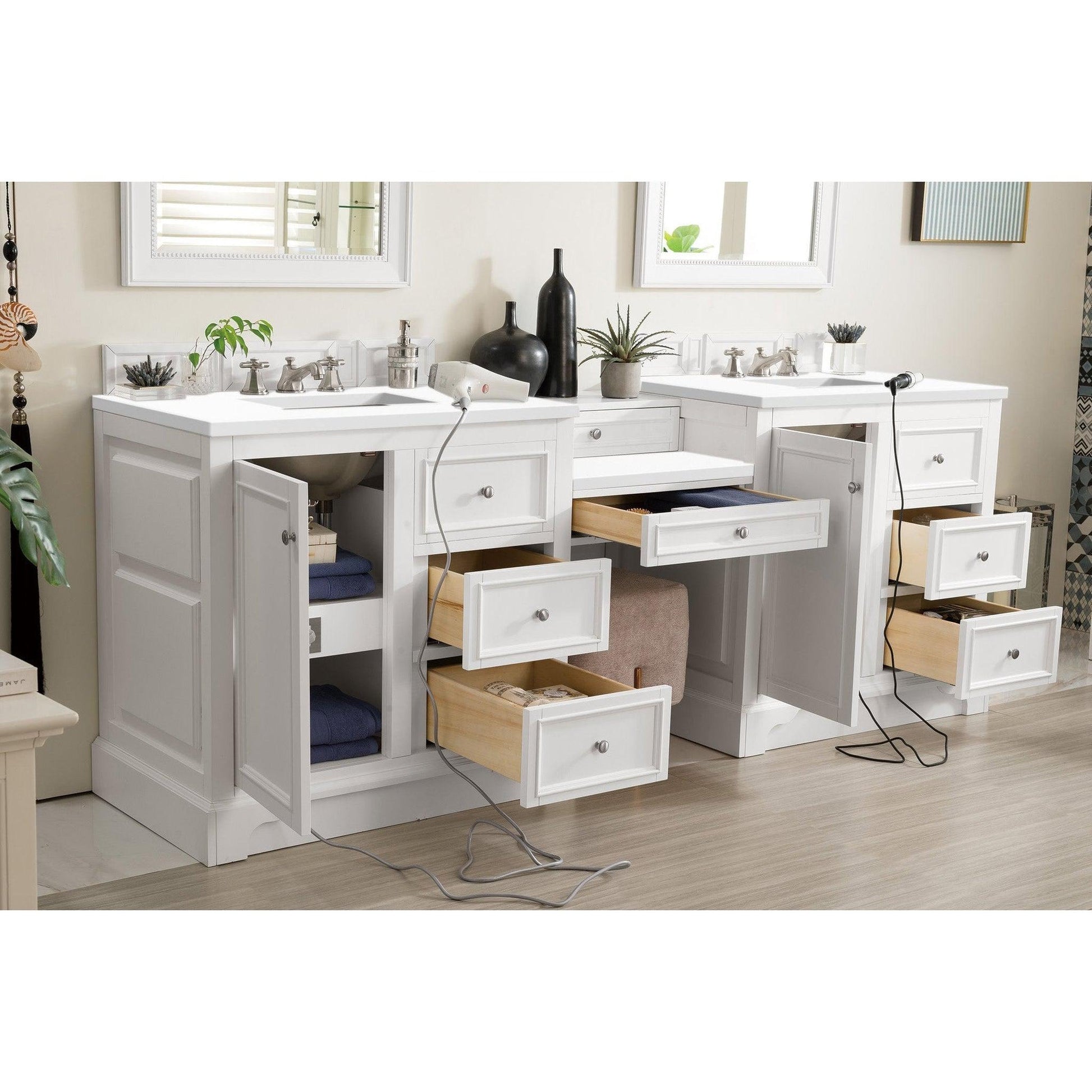 James Martin Vanities De Soto 94" Bright White Double Vanity Set With Makeup Table, 3cm White Zeus Quartz Top